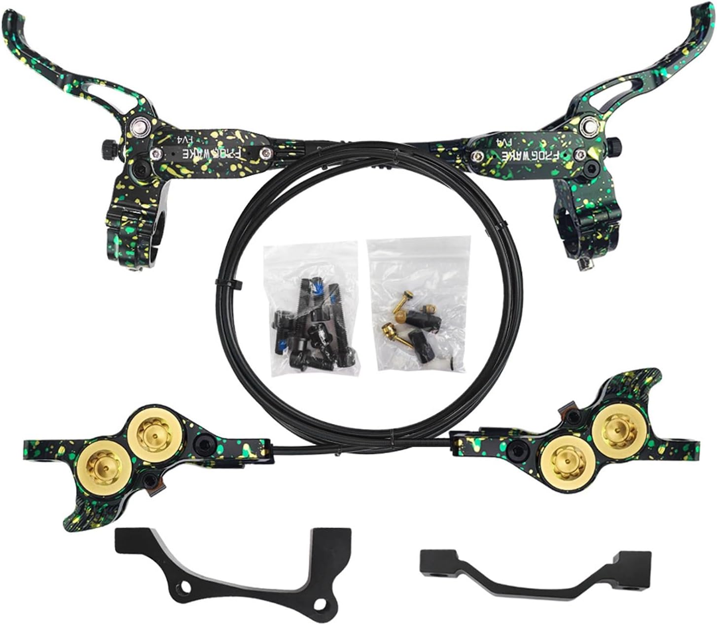 4-Piston Hydraulic Disc Brake Set for Mountain Bike Right Front 850mm Left Rear 1500mm Hose with Aluminum Alloy Hollow Bearing Brake Handle for 180mm Rotors(Green)