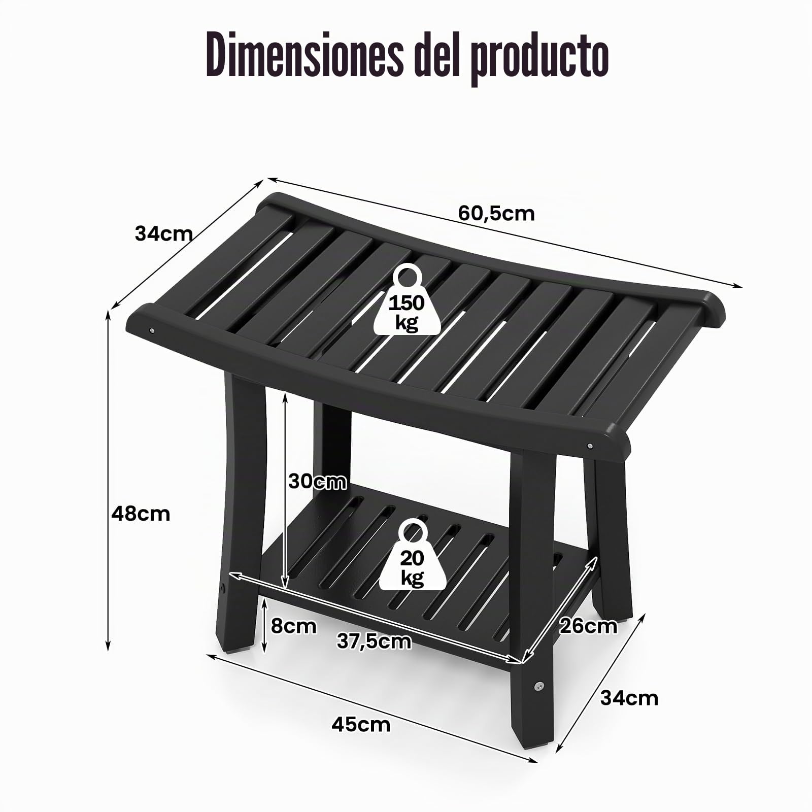 HOMASIS Taburete de Baño de HDPE Antideslizante, Banco de Ducha Multiusos Impermeable con Soporte para Afeitado, Resistente hasta 150 kg (60,5x34x48cm Negro)