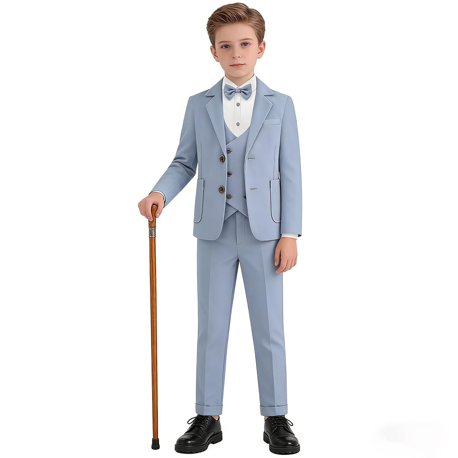 Photo 1 of Boys Slim Fit Suit Set, 4 Piece Formal Tuxedo Outfit with Blazer, Vest, Dress Pants and Tie, Toddler Kids Suits for Wedding Birthday Prom Ring Bearer Light Blue