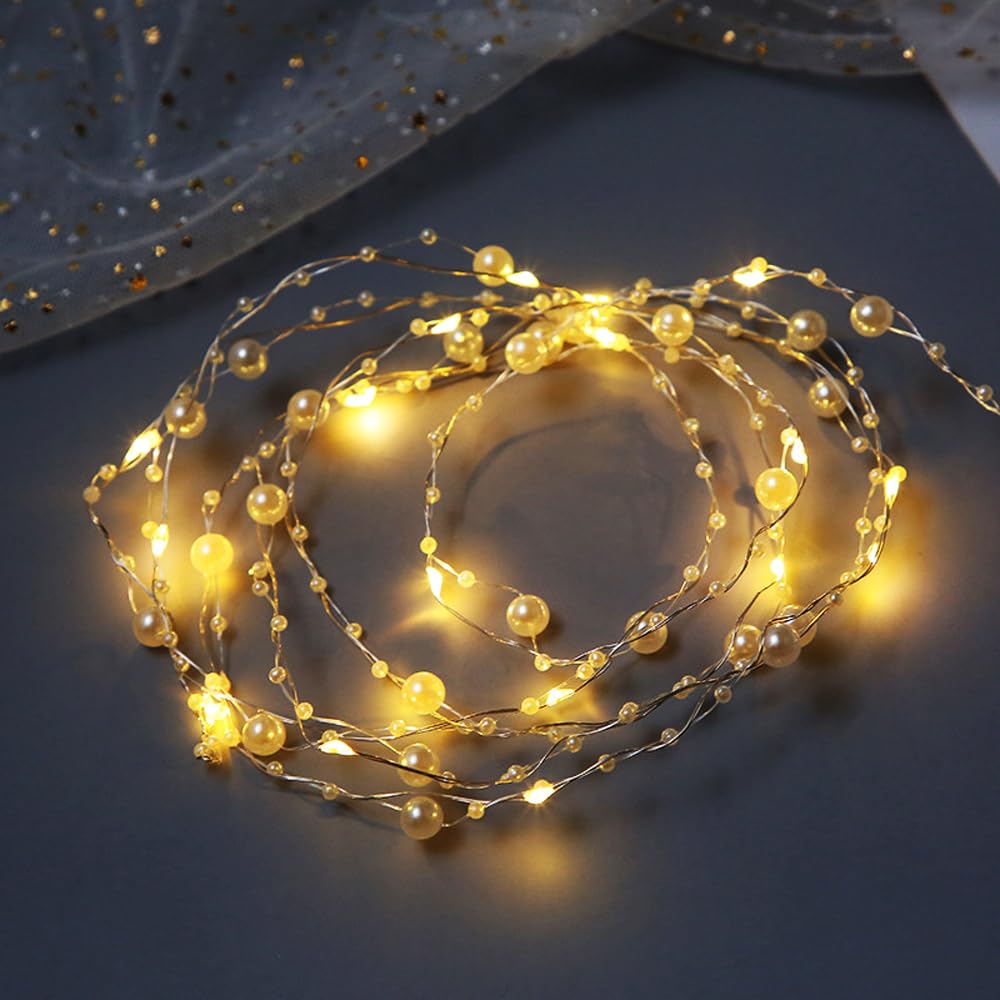 MUCHER Pearl Fairy Lights 50 LED Battery Operated String Lights Two Modes 5M Copper Wire Light for Wedding Decor, Party, Christmas, Indoor Outdoor Lighting (Warm White)