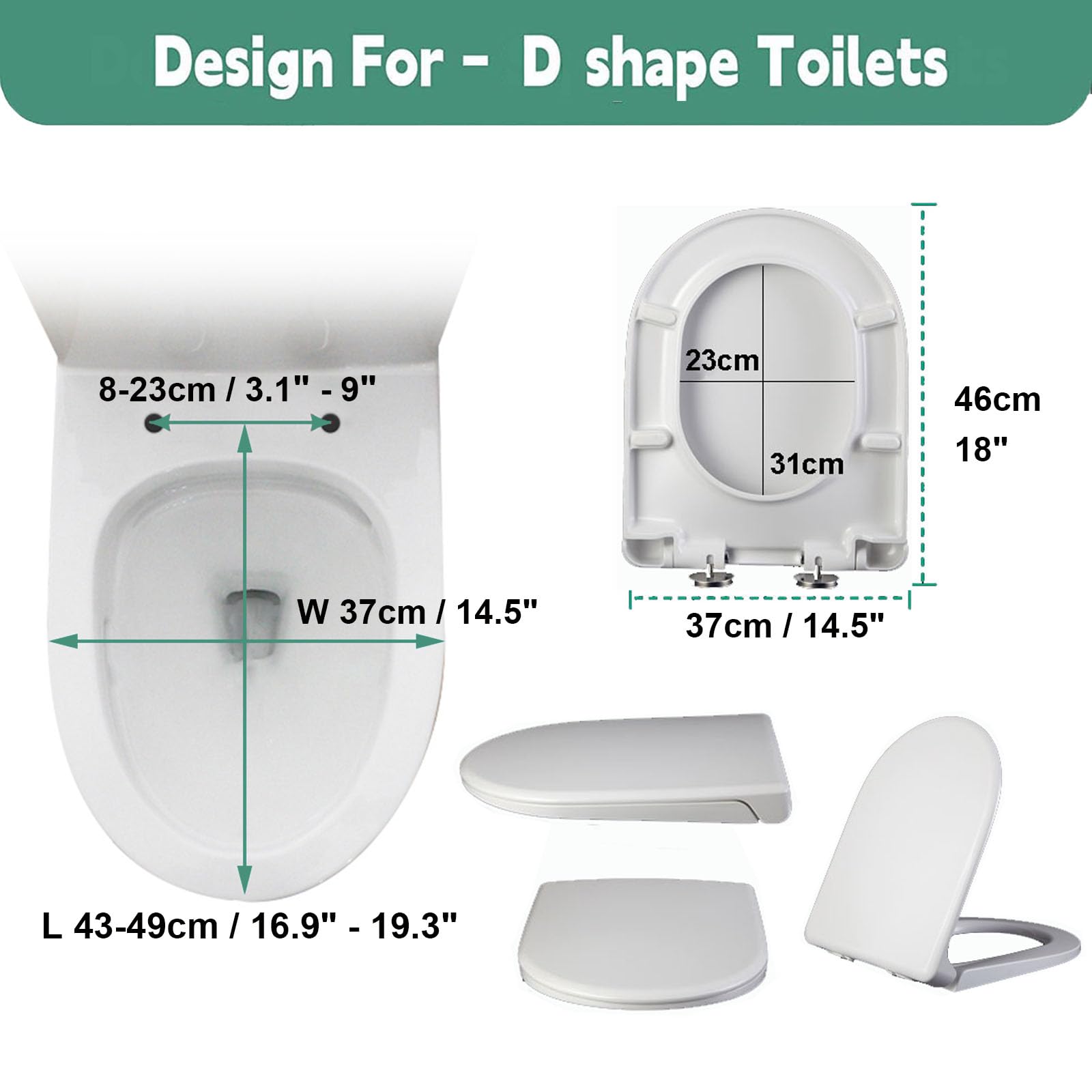 Funda para asiento de inodoro con cierre suave en forma de D con bisagras de liberación rápida, color blanco, tamaño 36 x 45 cm (37 x 46 cm)