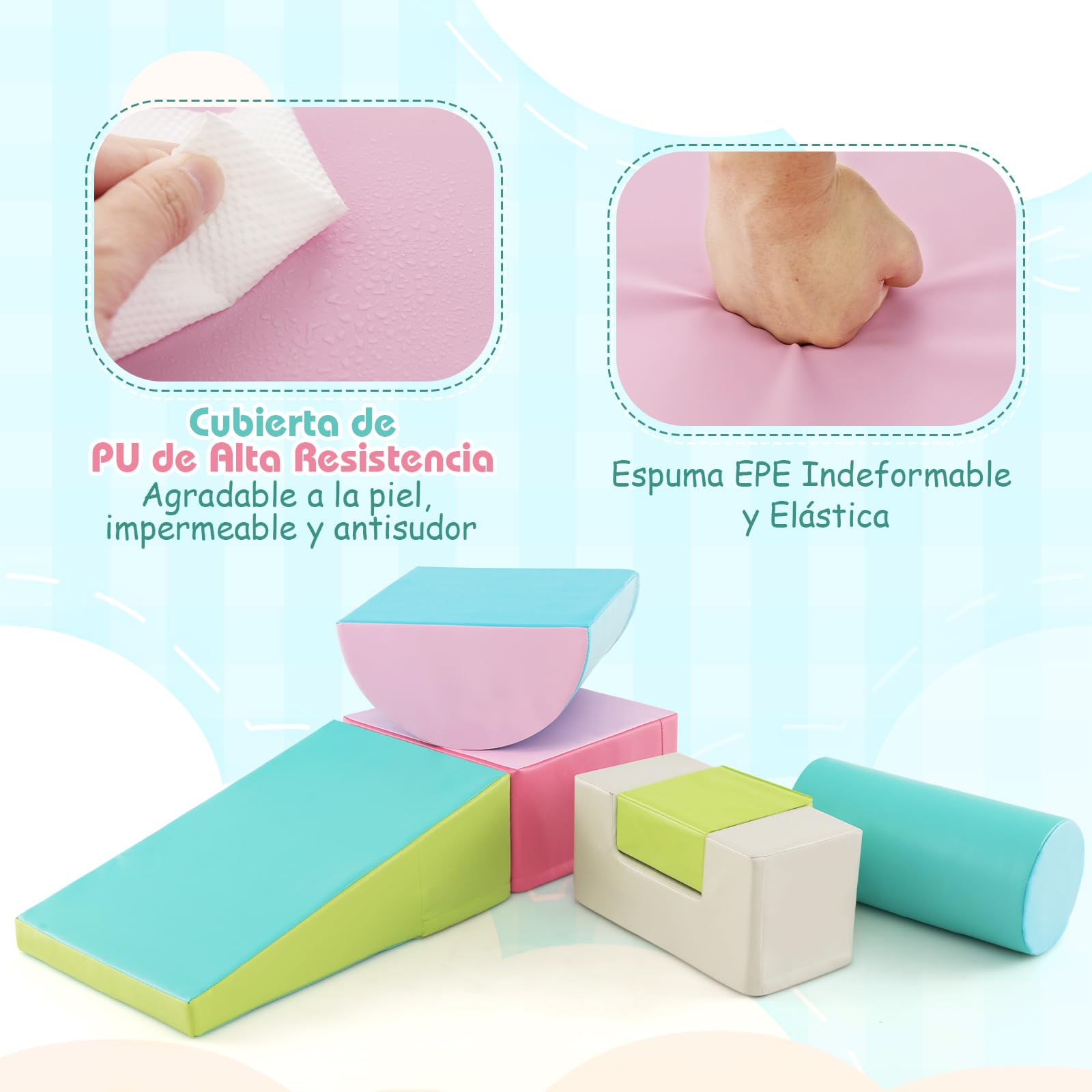 COSTWAY Juego de 6 Bloques de Espuma Grandes, Juego de Juguete para Aprendizaje para Niños de 1-3 Años, con Rectángulos, Cilindro, Media Luna, Cuña, Cóncavo, con Cubierta de PU (Verde y Rosa)