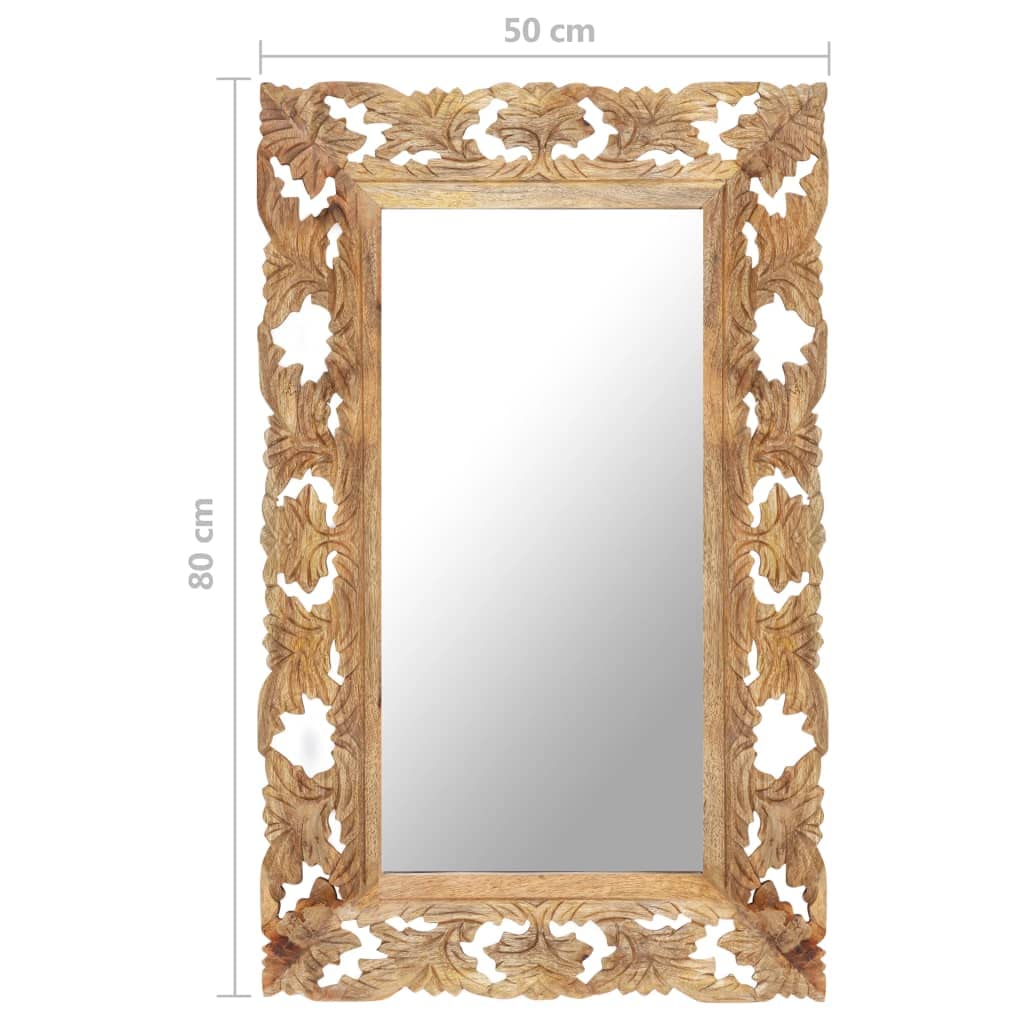 Espejo tallado a mano marrón de madera maciza de mango 80 x 50 cm con acabado natural para salón, baño, pasillo, decoración, cosméticos, maquillaje, cuerpo entero