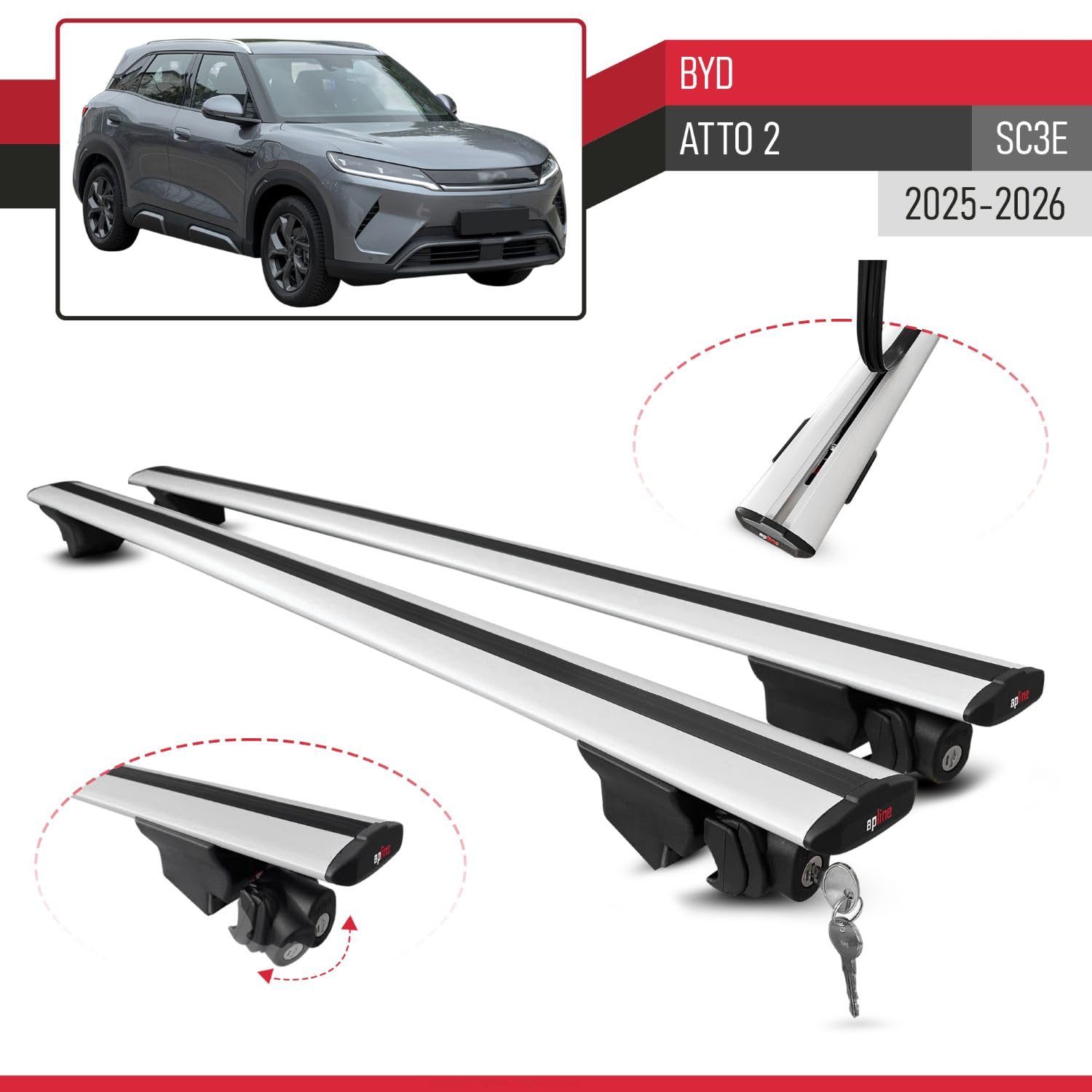 Kompatibel mit BYD Atto 2 2025-2026 Hook Model Relingträger Dachträger Auto Gepäckträger Grau Aluminium 2 Stangen