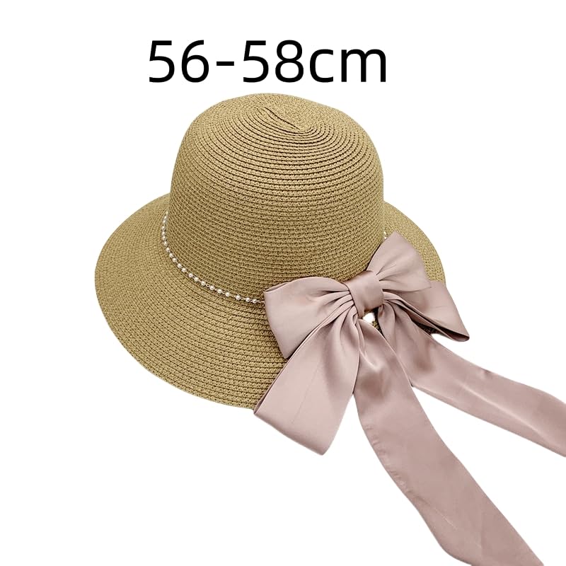 Sombrero de Paja para Mujer,ala Ancha,Plegable,para Playa,con Miniperla y Lazo de Satén,para Viajes,Vacaciones de Verano,Suave,Ligero y Transpirable