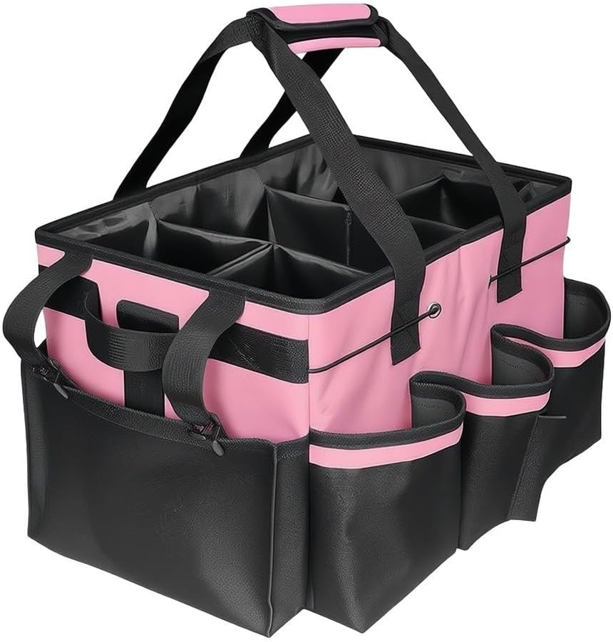 Large Cleaning Caddy Bag with Removable Divider - 600D Oxford Wearable Organizer for Supplies Tools Bottles - Black 14x10x9 Inch(pink)