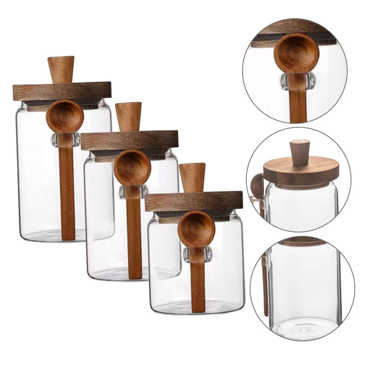Hohopeti Salzbehälter mit Holzdeckel und Löffel 3 Stück Luftdichte Gewürzbehälter aus Glas 850ml/550ml/400ml Praktisches Design für Küche für Familiengebrauch