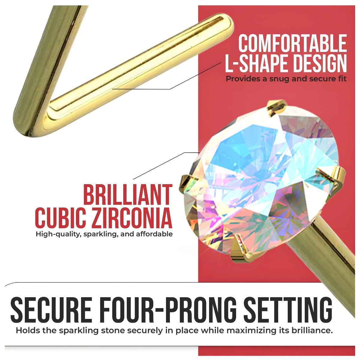 Set 14K Amarillo Oro Garra Arco Iris Redondo Cristal Piedra 22 Calibre L Curva Nariz Stud Piercing