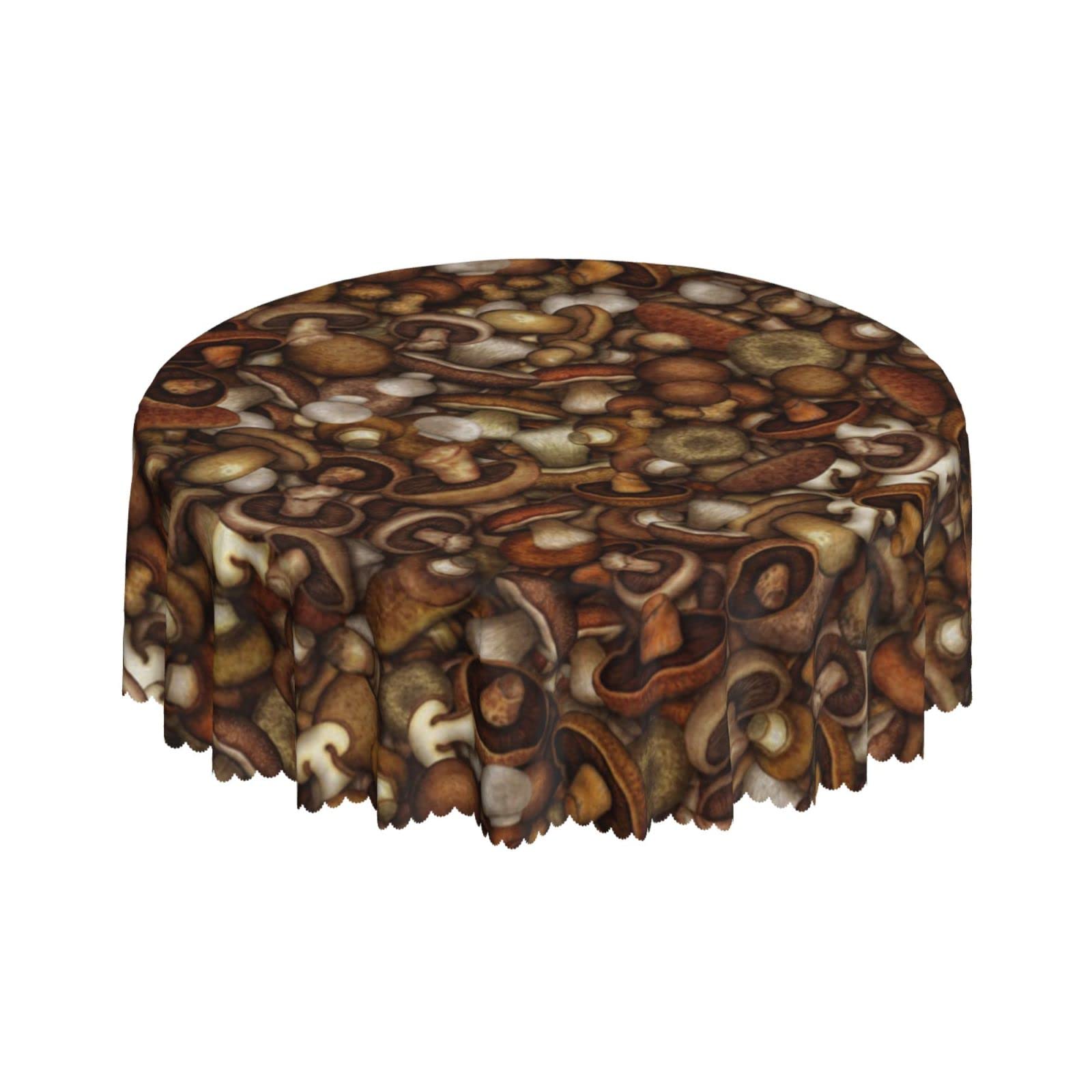 Lsjuee Mushroom Brown Round Tablecloth 60 Inch Printed Washable Tablecloth for Dining Party Holiday Fall Home Decorative