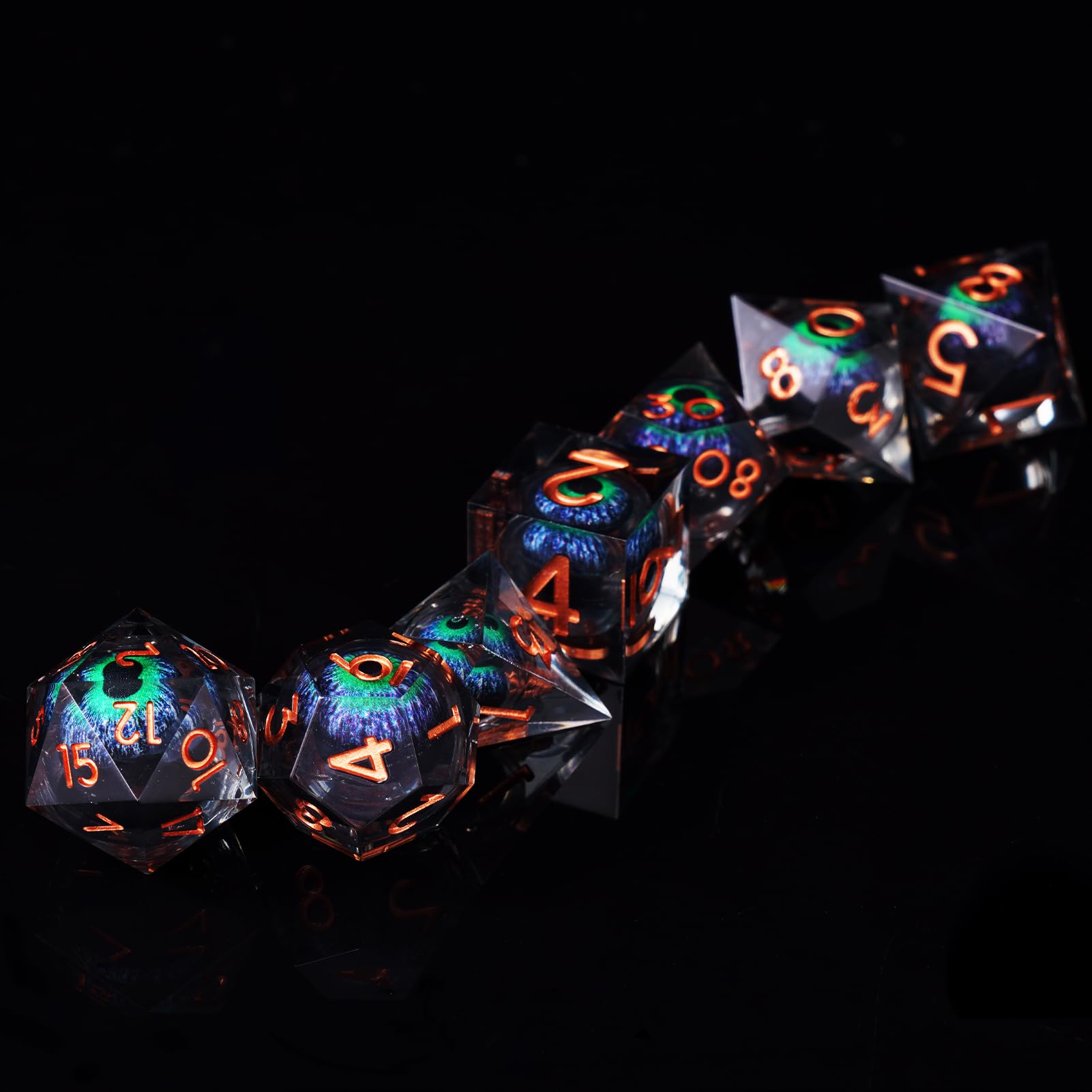 ORUZA 7 Stück Drachenauge Polyedrische Harz Spielwürfel DND Würfel Set D&D Würfel für Dungeons and Dragons RPG MTG Pathfinder Rollenspiel D4 D6 D8 D10 D% D12 D20