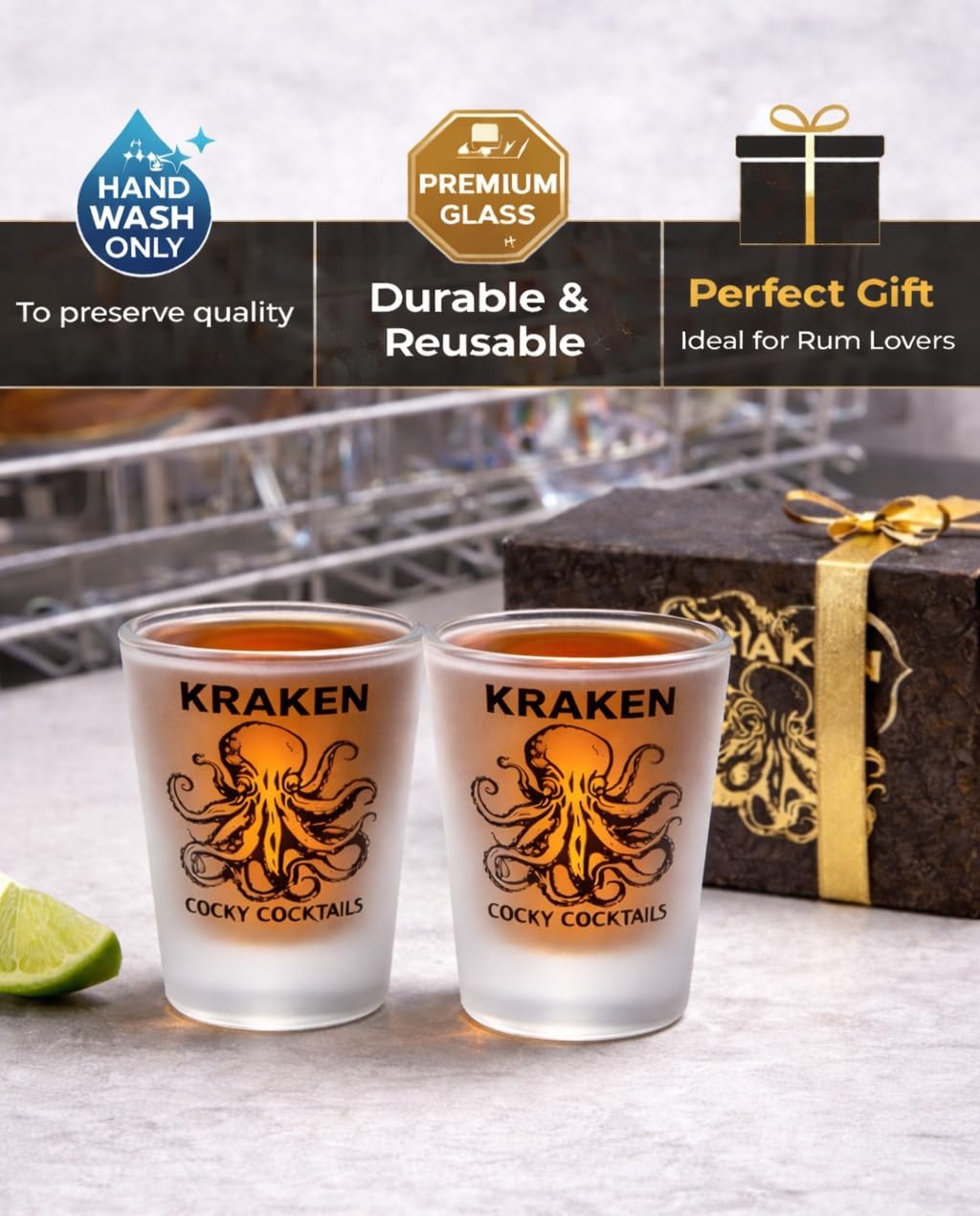 Cocky Cocktails - Bicchierini da shot dritti Kraken Rum (confezione da 2)