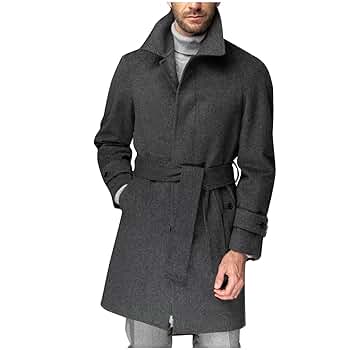 Mens Trench Coat Notched Lapel Single Breasted Belted Long