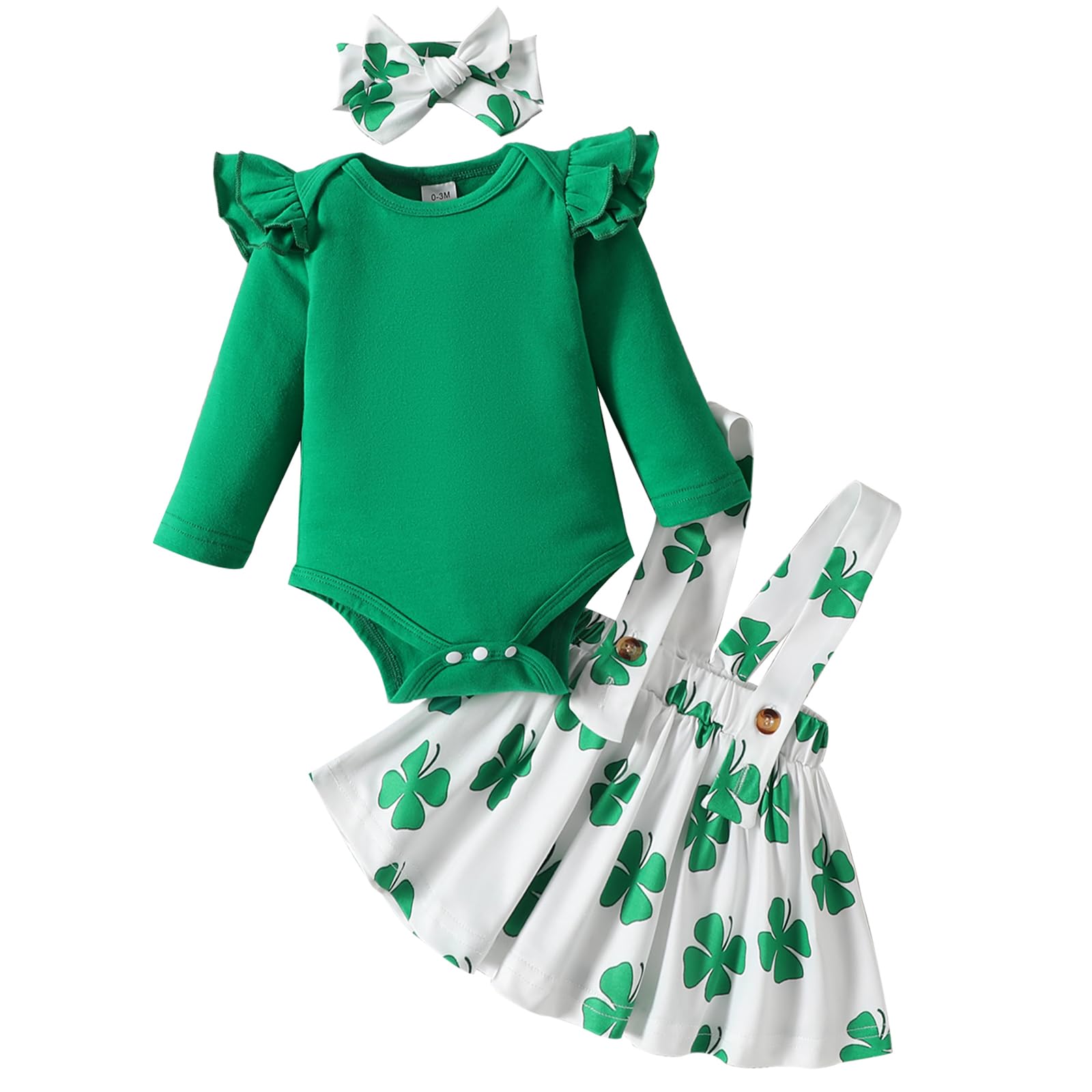 Fairy BabyInfant Baby Girls My First St Patricks Day Outfit Green Ruffles Romper Lucky Clover Shamrock Dress Skirt Set 0-18M