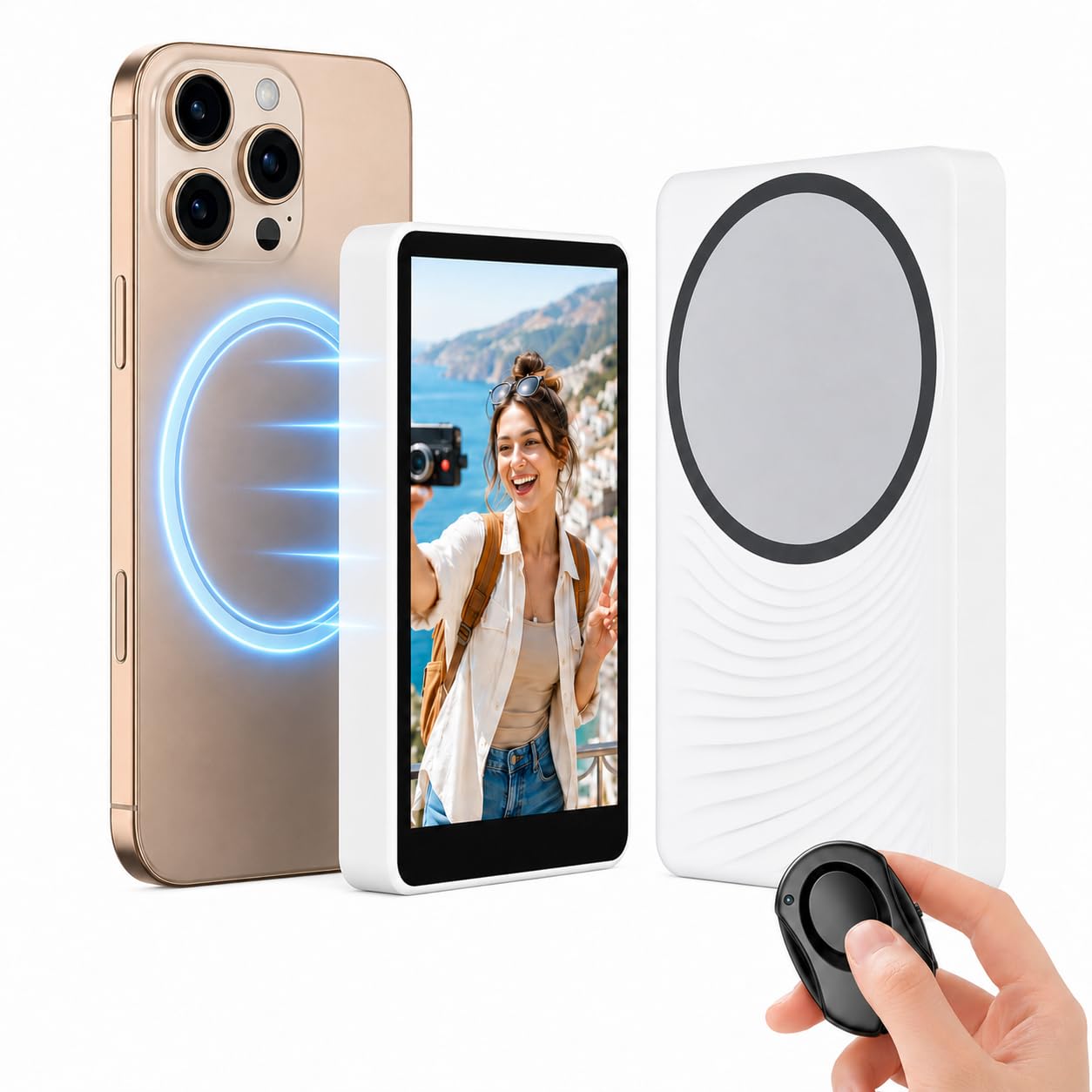Kehuitry Phone Vlog Selfie Monitor Screen, Magnetic Selfie Front Screen for iPhone/Android with Remote Control, Wireless Connection Rear Camera for Selfie Vlog Live Stream, White