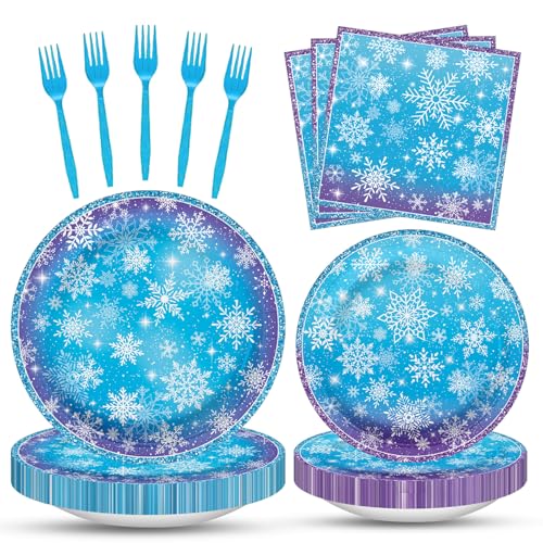 100 Pcs Snowflake Winterland Tableware Party Supplies Set Serves 25 Disposable Snowflake Paper Plates Napkins and Forks Winter Dinnerware for Christmas Birthday and Baby Shower Decorations