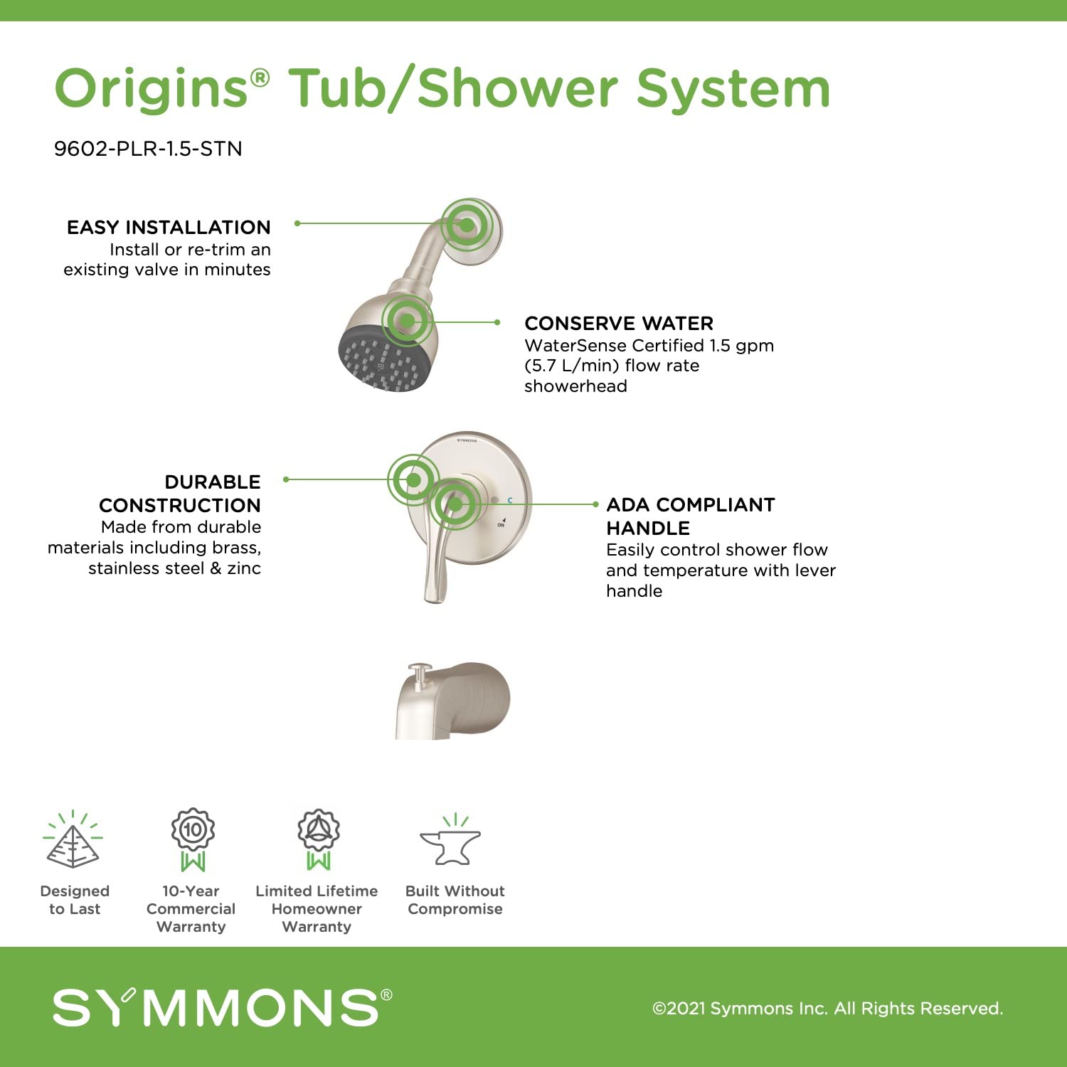 Symmons 9602-PLR-1.5-STN Origins 1-Handle Tub & Shower Faucet  