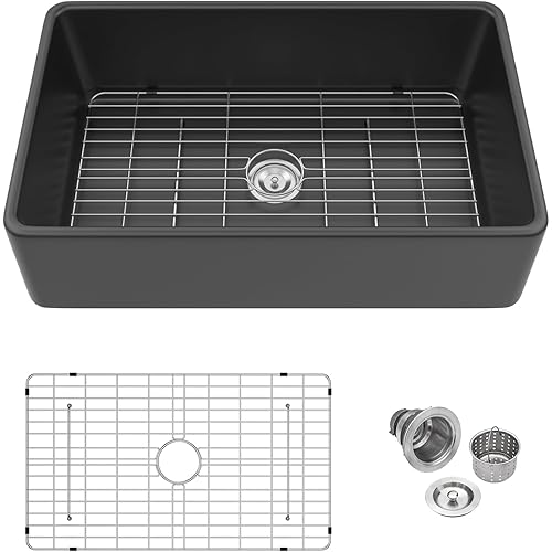 Logmey 33 Inch Black Farmhouse Kitchen Sink Fireclay Undermount Apron Front Farm Sink 33 x 20 x 10 Inch Single Bowl Black Ceramic Kitchen Sinks