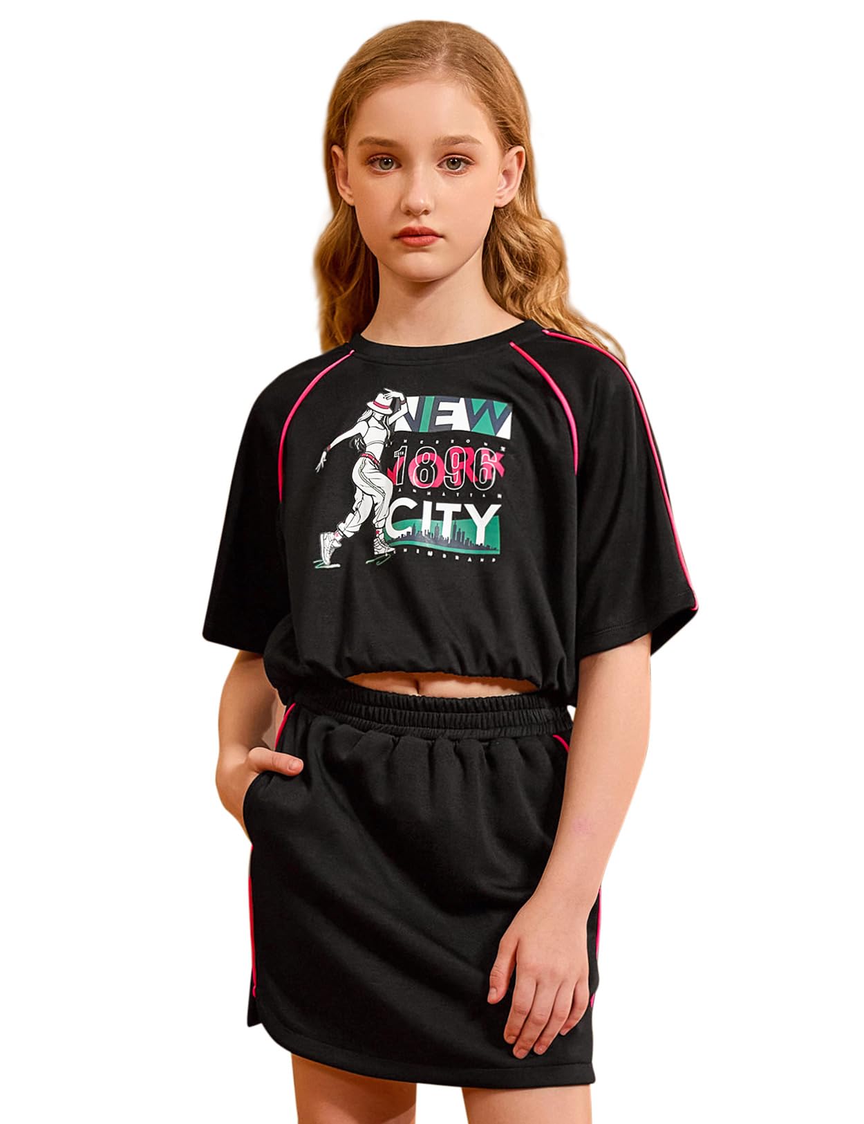 Perfashion Girls Summer 2 Piece Outfits 80s 90s Tracksuit Windbreaker &amp; Short Sets Hip Hop Dance 4-13Y