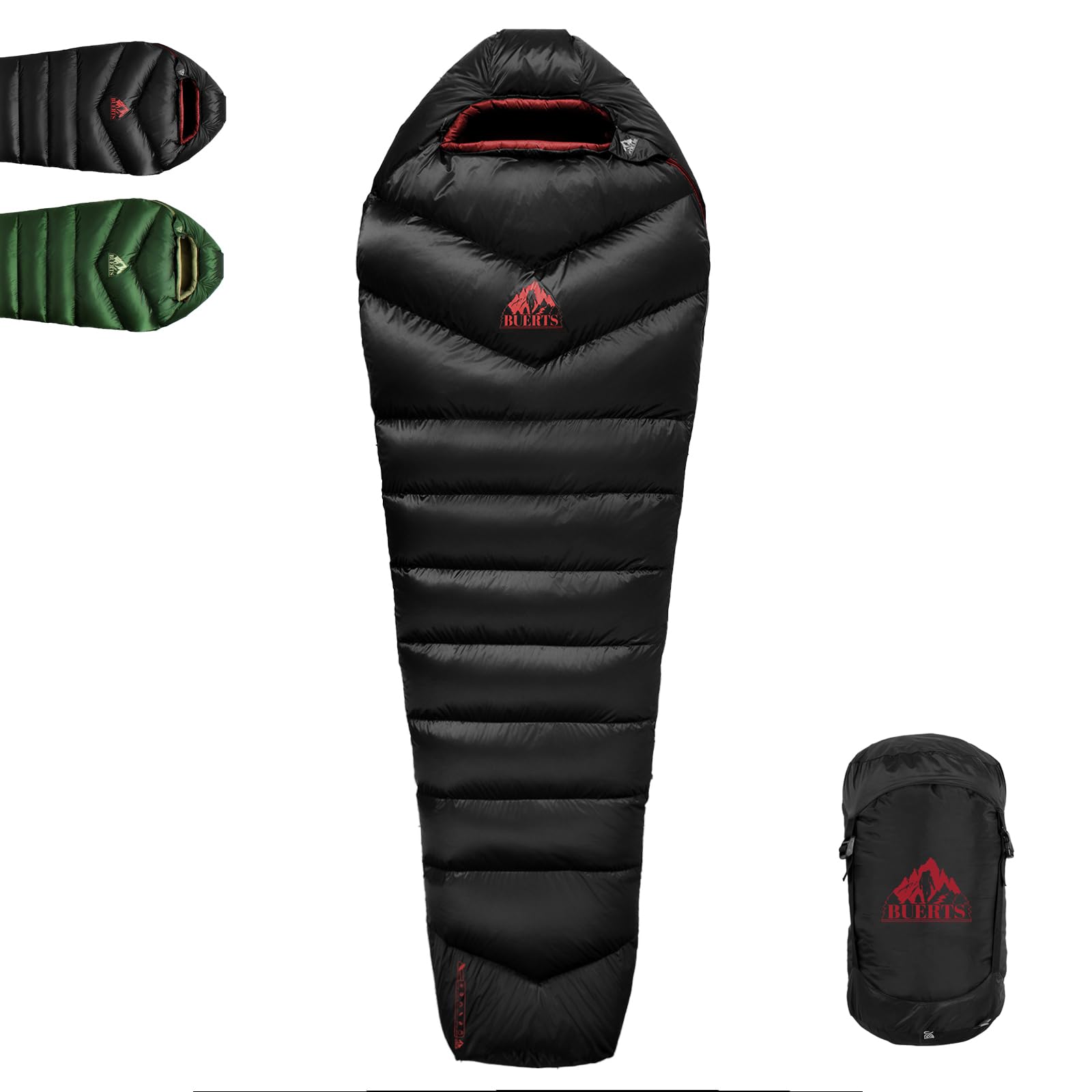 Photo 1 of BUERTS Down Sleeping Bag for Adult Backpacking Trips, 620FP, Cold Weather Sleeping Bag, 20°F, 40°F, 60°F. Mummy-Style for Hiking, Camping, and Mountaineering. Compact (10? to 23?, Black)
