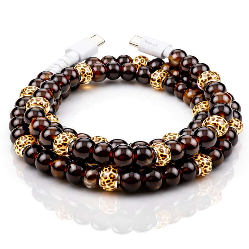 Image of Stylish Beaded Phone Charger Cable Colors USB Charging Cord for Smartphones (USB C to USB C, Leopard, 3.3ft)