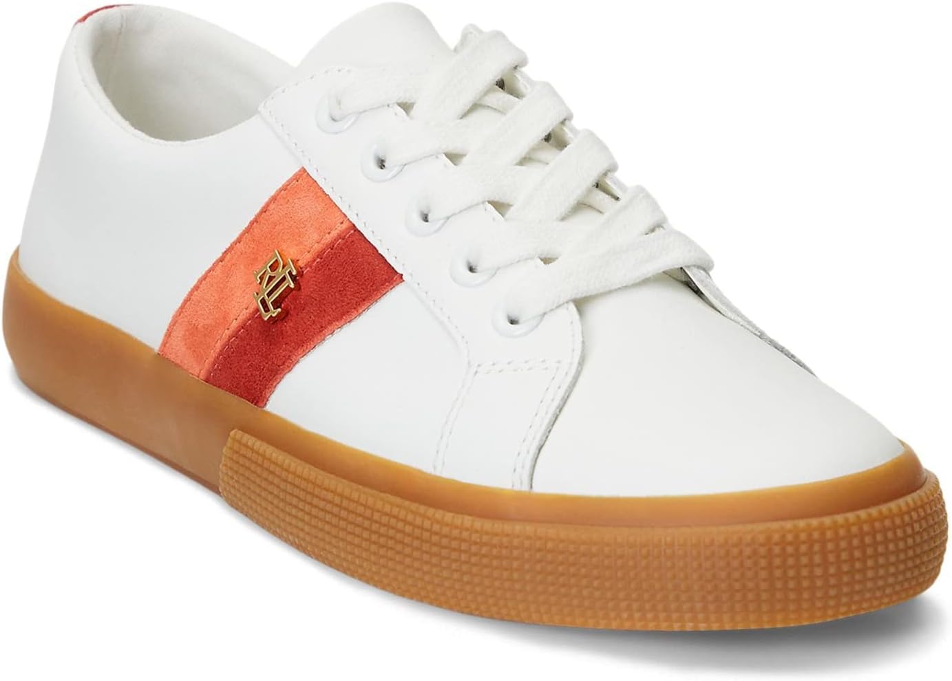 Lauren Ralph Lauren Janson II Leather & Webbed Sneaker Snow White/Red Sunstone/Cayenne Orange 9.5 B (M)