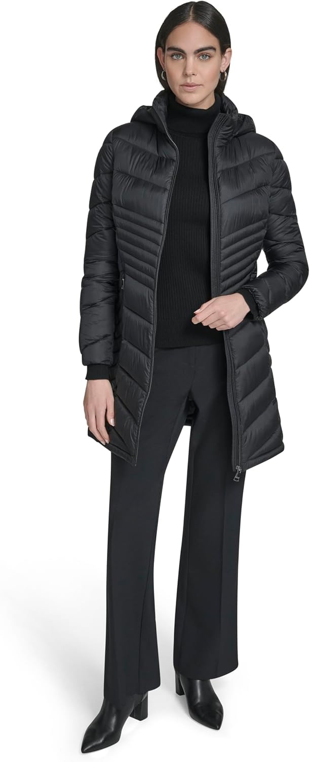 Calvin Klein Women's Hooded Chevron Quilt Puffer Coat – Slimming Longline Winter Jacket - Image 5