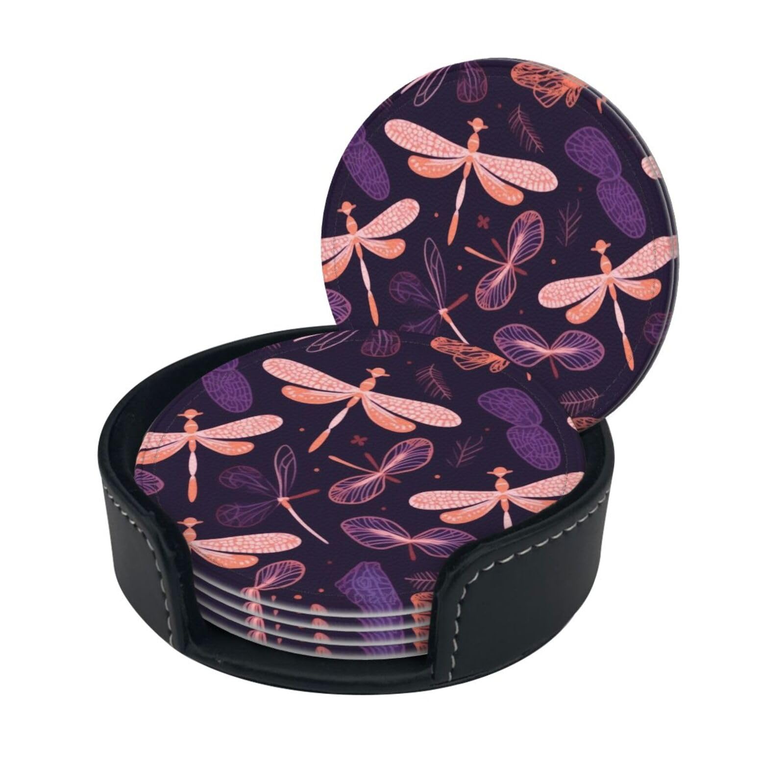 Stylish Coasters - Purple Dragonfly Set of 6 Round Leather Drink Coasters with Holder - Perfect Size for Cups and Glasses