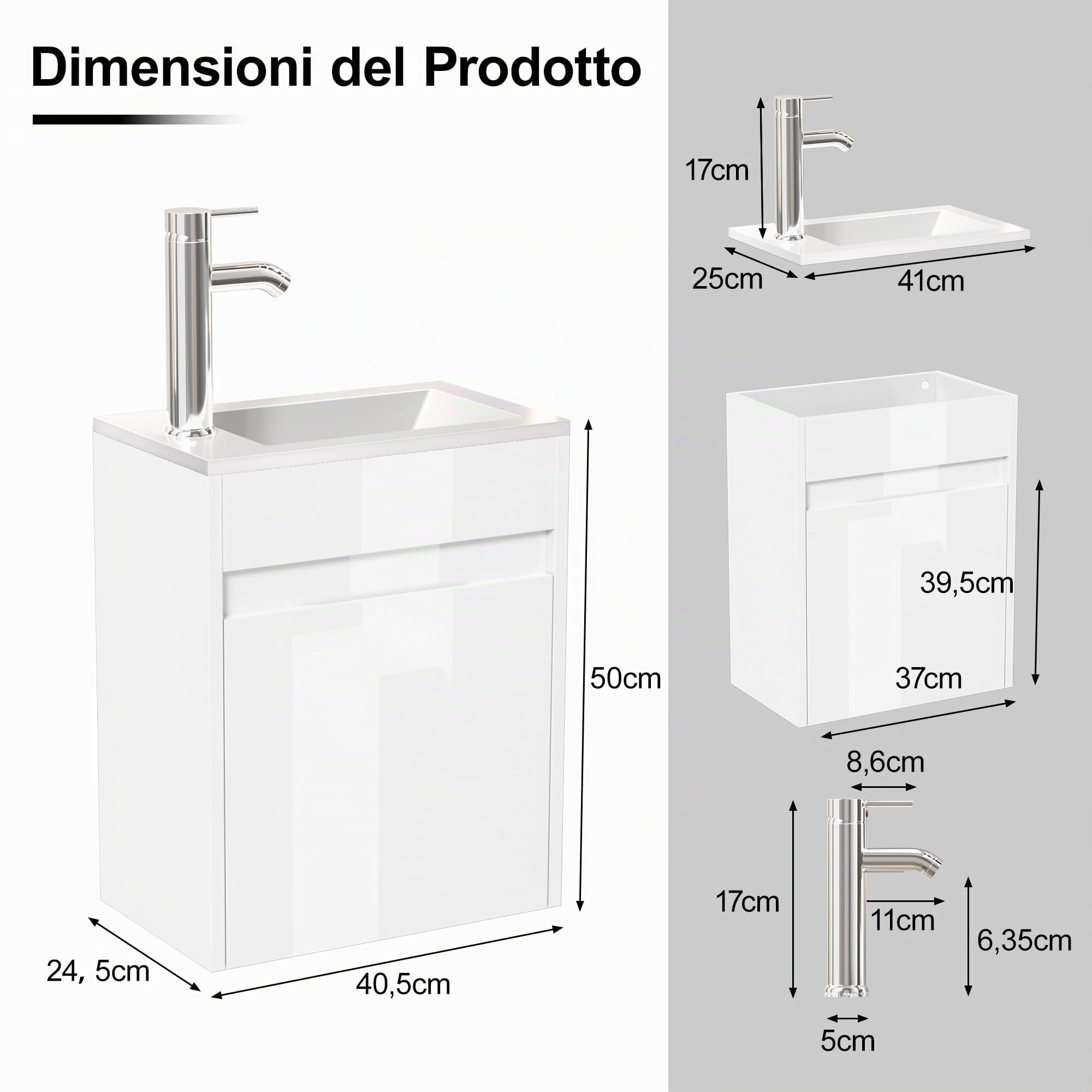 UEV Mobile Bagno con Lavabo in Resina, 41CM Mobili Bagno Salvaspazio Sospeso, Rubinetto Cromato a Risparmio Idrico e Scarico Pop Up, Piccolo, Bianca