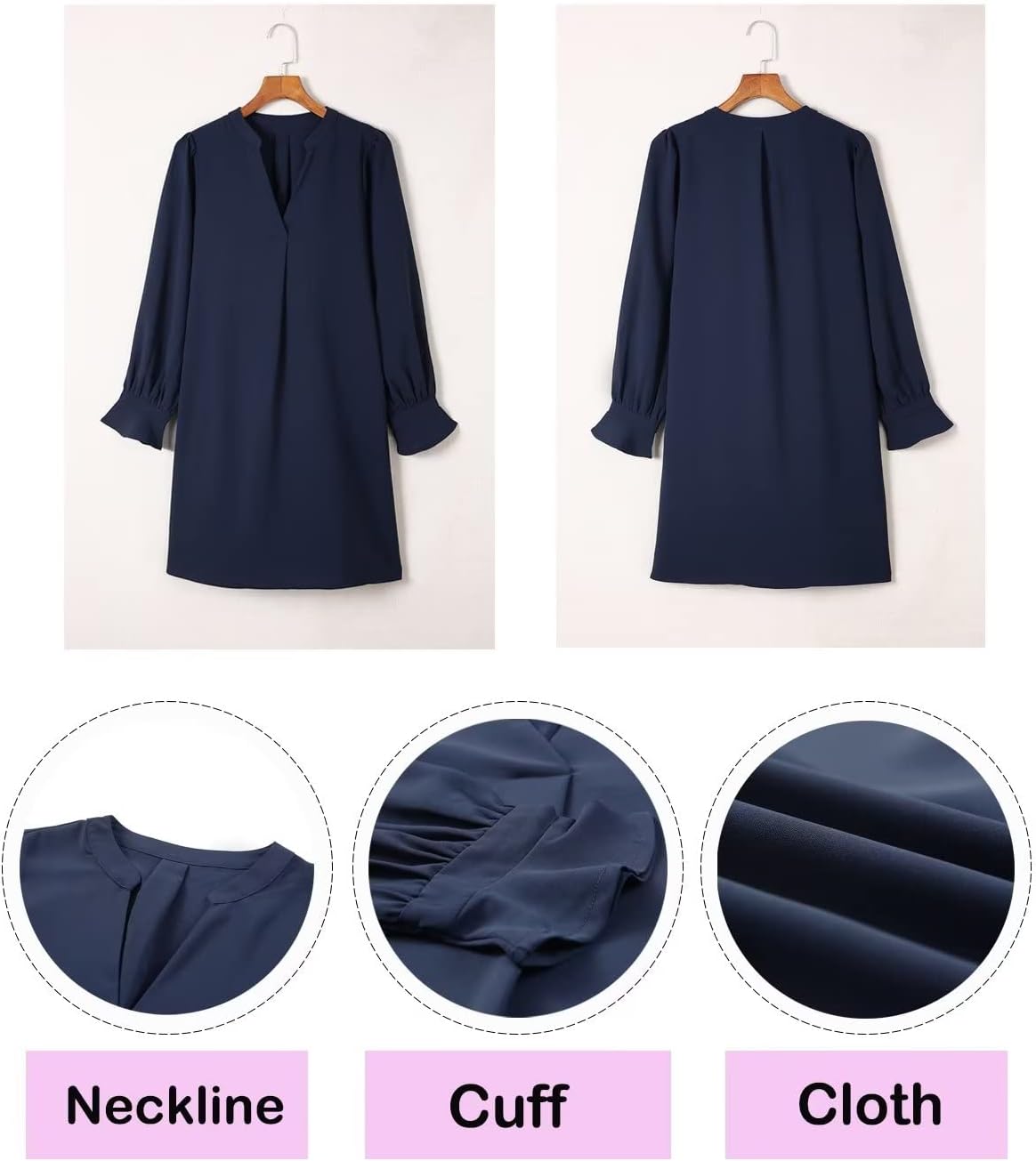 QACOHU Fall Dresses for Women 2026 Casual V Neck Long Sleeves Flowy Mini Tunic Dress - Image 7