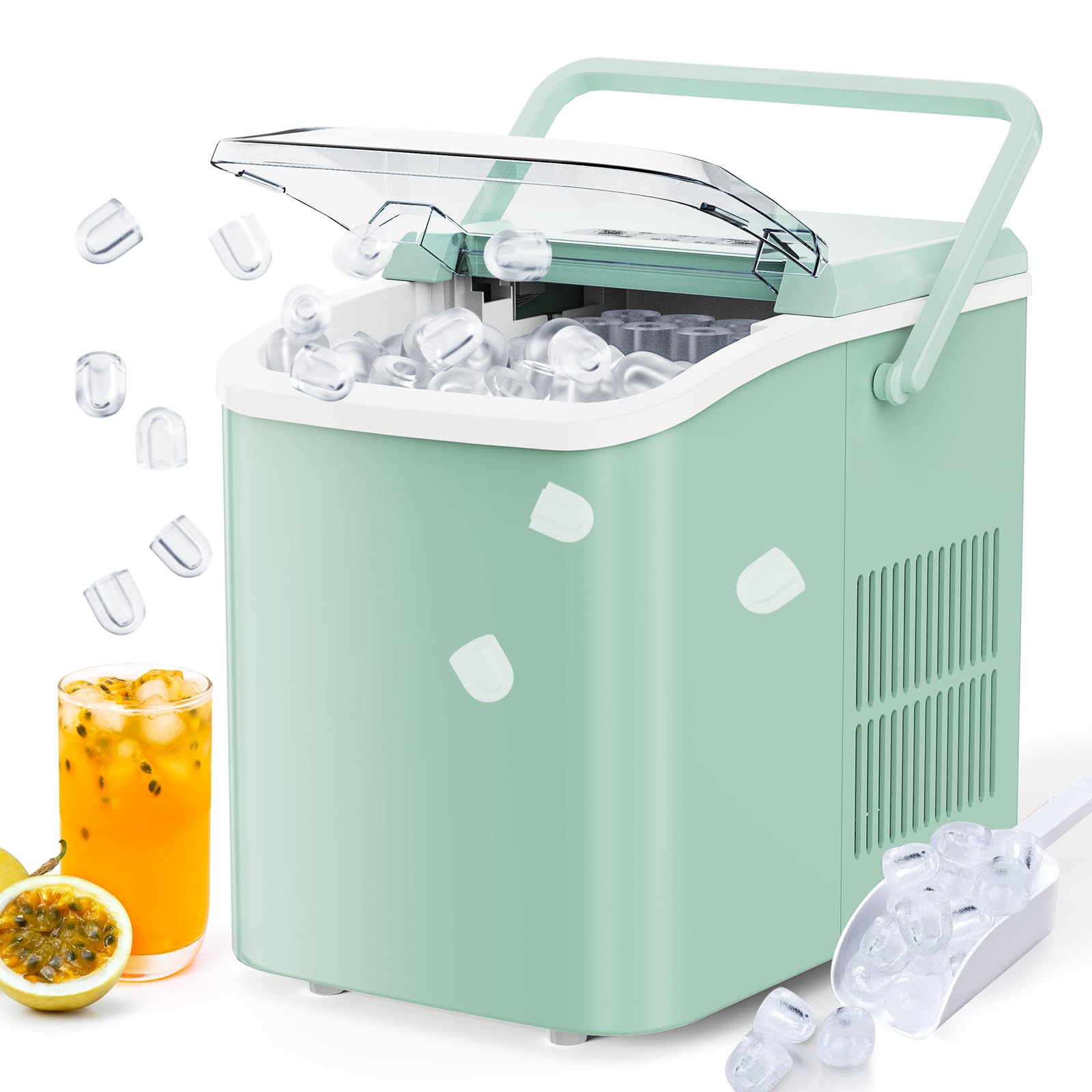 Sweetcrispy Portable Ice Maker Countertop 9 Ice Cubes in 6 Minutes Self-Cleaning Ice Machine with 2 Sizes of Bullet Ice，Ice Scoop, Basket, Green | Fridge.com