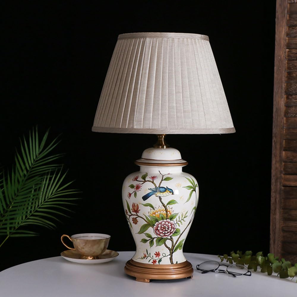 asdchZen Chinoiserie Ceramic Table Lamp, American Flower&Bird Bedside Lamp, Classic Fabric Lampshade Desk Nightstand Lamp For Bedroom Living Room Office College Bookcase-E,E