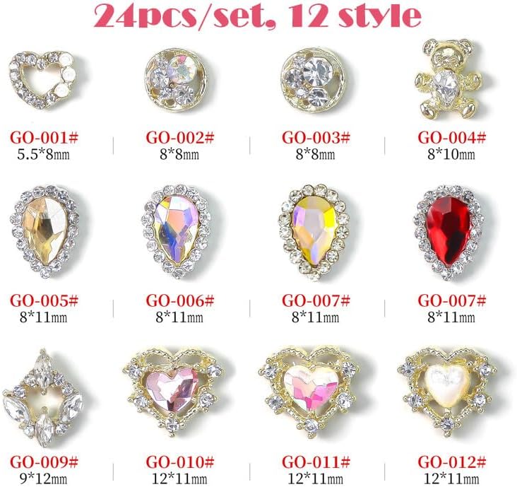 Miniatura 2 de 24 dijes de uñas de lujo, diseño láser, dije de corazón para uñas, aleación de oro, diamantes de imitación para arte de uñas, gemas brillantes para