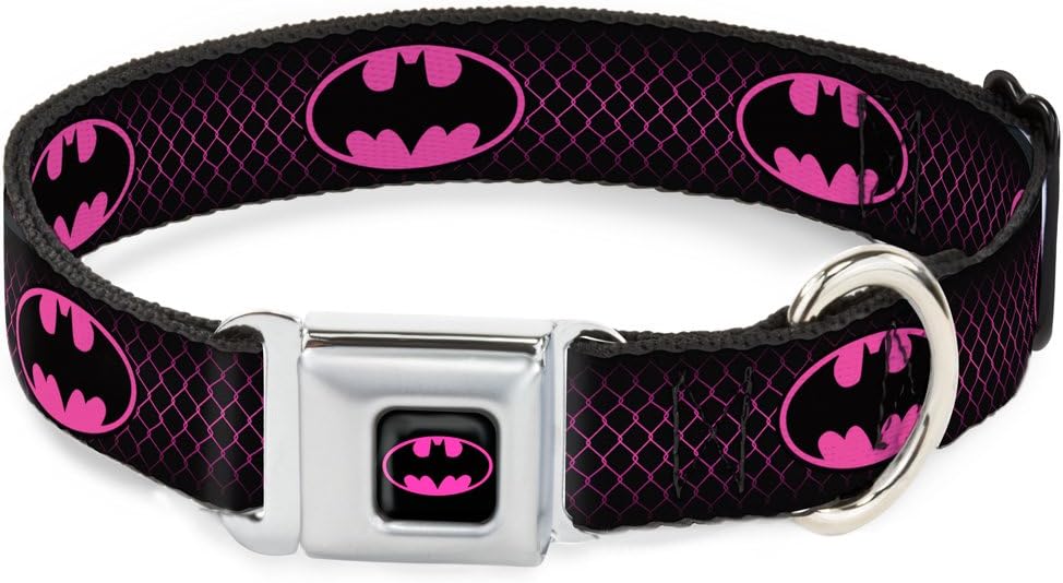 Collare per cani con fibbia per cintura di sicurezza Batman Shield Chainlink nero rosa caldo da 16 “a 23” di larghezza