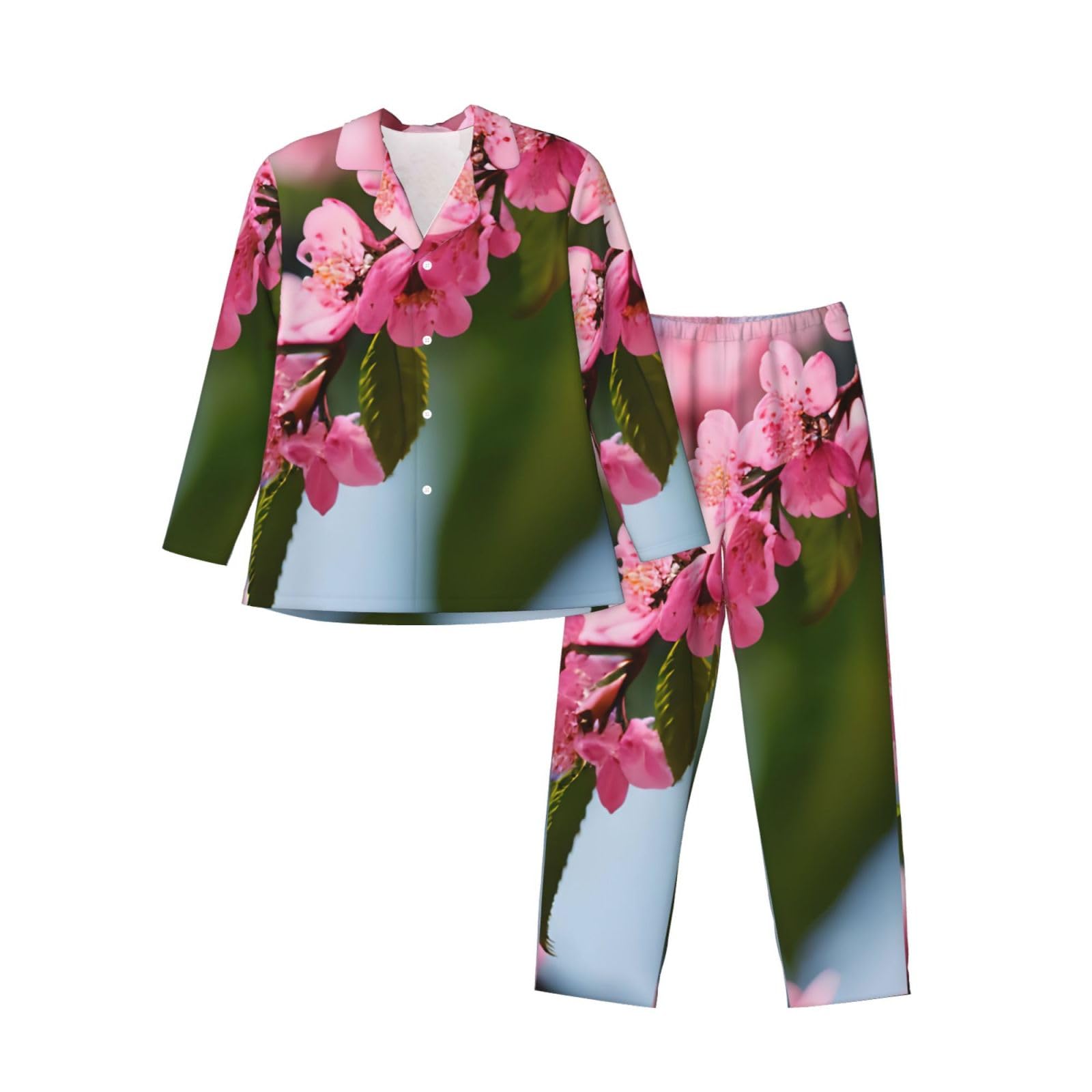 Rosa Cherry Blossoms 1 Stampa Uomini Manica Lunga Pigiama Set Sleepwear Due Pezzi Lounge Set Traspirante Nightwear