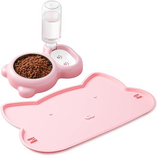Juego de cuenco de comida y agua para gatos rosa y tapete de silicona antideslizante, cuenco de comida de acero inoxidable con dispensador de agua
