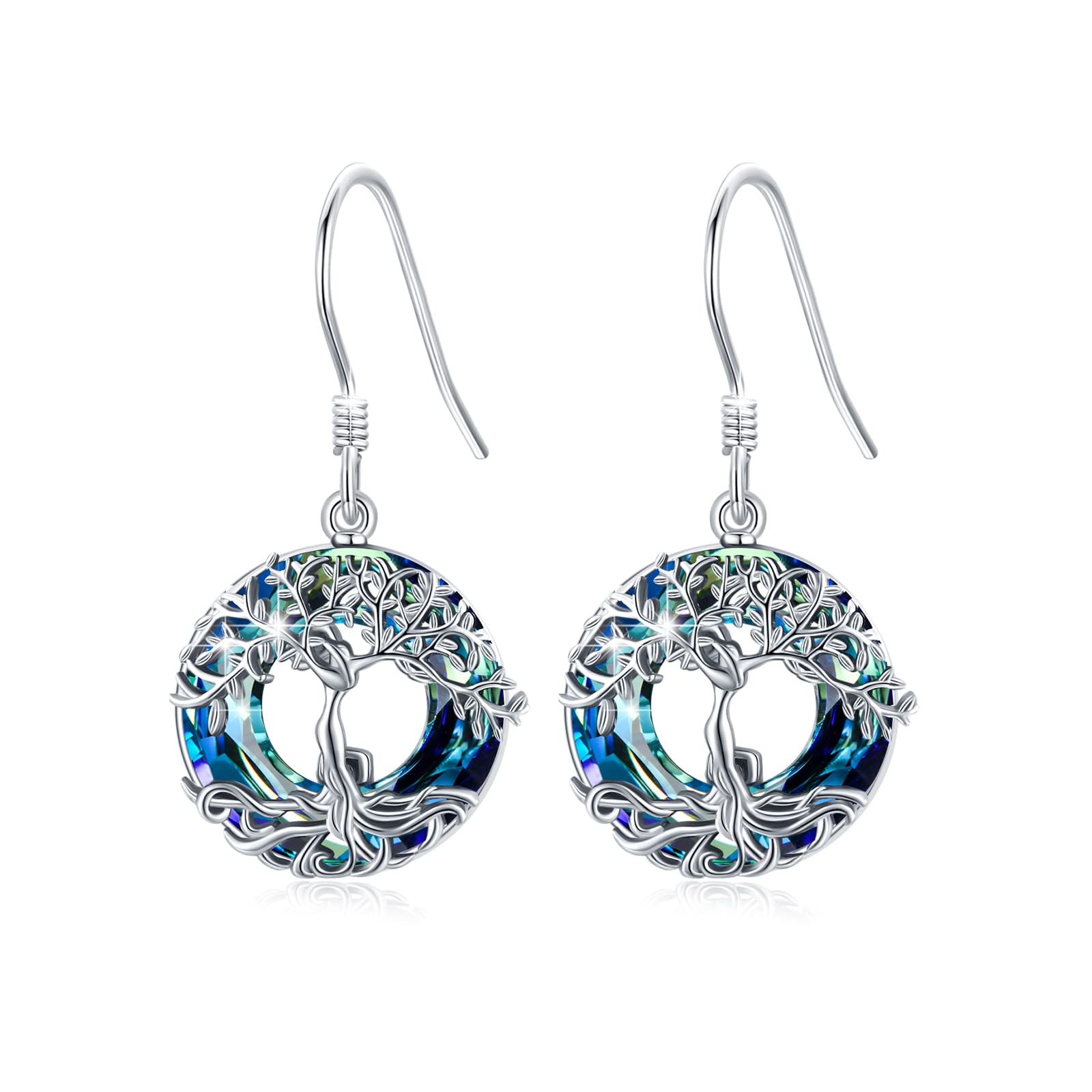 Baum des Lebens Ohrringe für Frauen Mädchen 925 Sterling Silber Stammbaum Blau Österreich Kristall Brisur Ohrringe Schmuck Geburtstag Abschlussfeier Geschenke für Mutter Ehefrau
