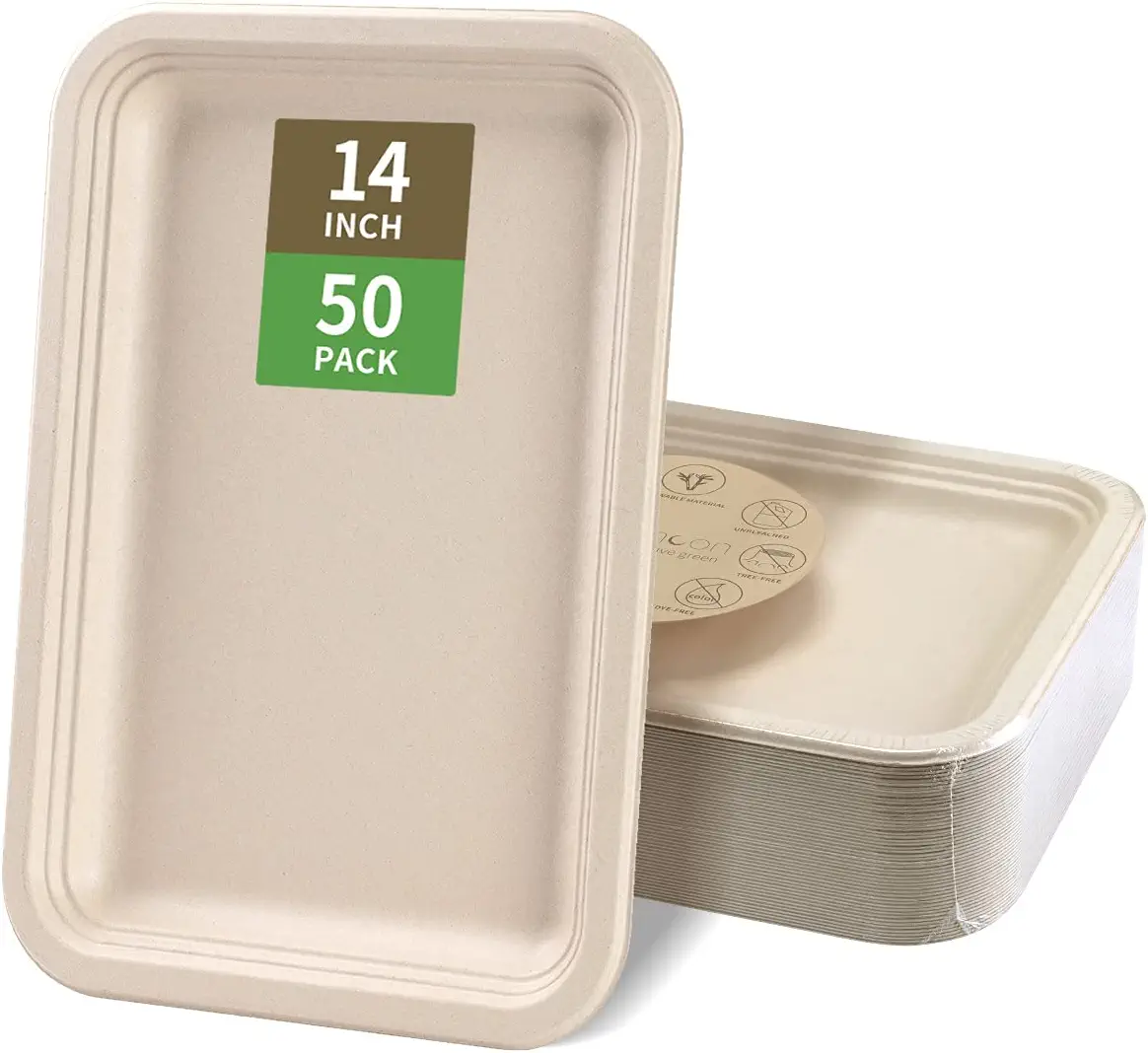 bloomoon 50 Pack 14 Inch Heavy-Duty Disposable Food Trays, Compostable Large Paper Plates Platters for Crawfish, Lobster, Crab, BBQ, Cookie Dessert, Thanksgiving Disposable Party Food Trays