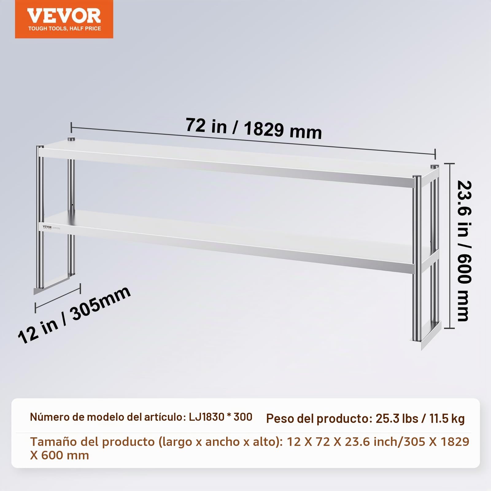 VEVOR Estante superior de acero inoxidable de doble nivel, 12 x 72 pulgadas, mesa de trabajo de preparación ajustable de altura para cocina, restaurante y taller