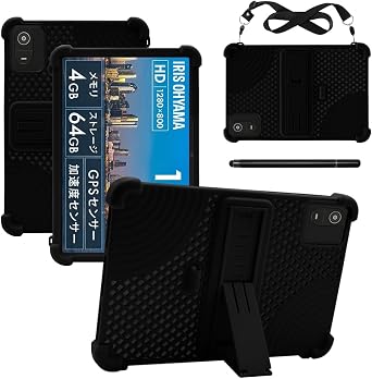 For Iris Ohyama Luca TE10D2M64-V1B Case 10 Inch Tablet Cover RUIXH Silicone Material Drop Proof Anti-Slip Abrasion Resistant Waterproof Dustproof Easy Clean Protective Cover Light Breathable Porous Heat Dissipation Built-in Stand Function Pen Slot Design Includes Shoulder Strap and Stylus Tablet Protective Case Black