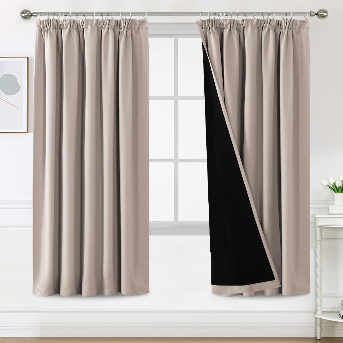 H.Versailtex 100% Pencil Pleat Blackout Curtains, Thermal Insulated Black Out Curtains with Lining, W46x L72 Inch, 2 Panels, Natural Sand — image 1