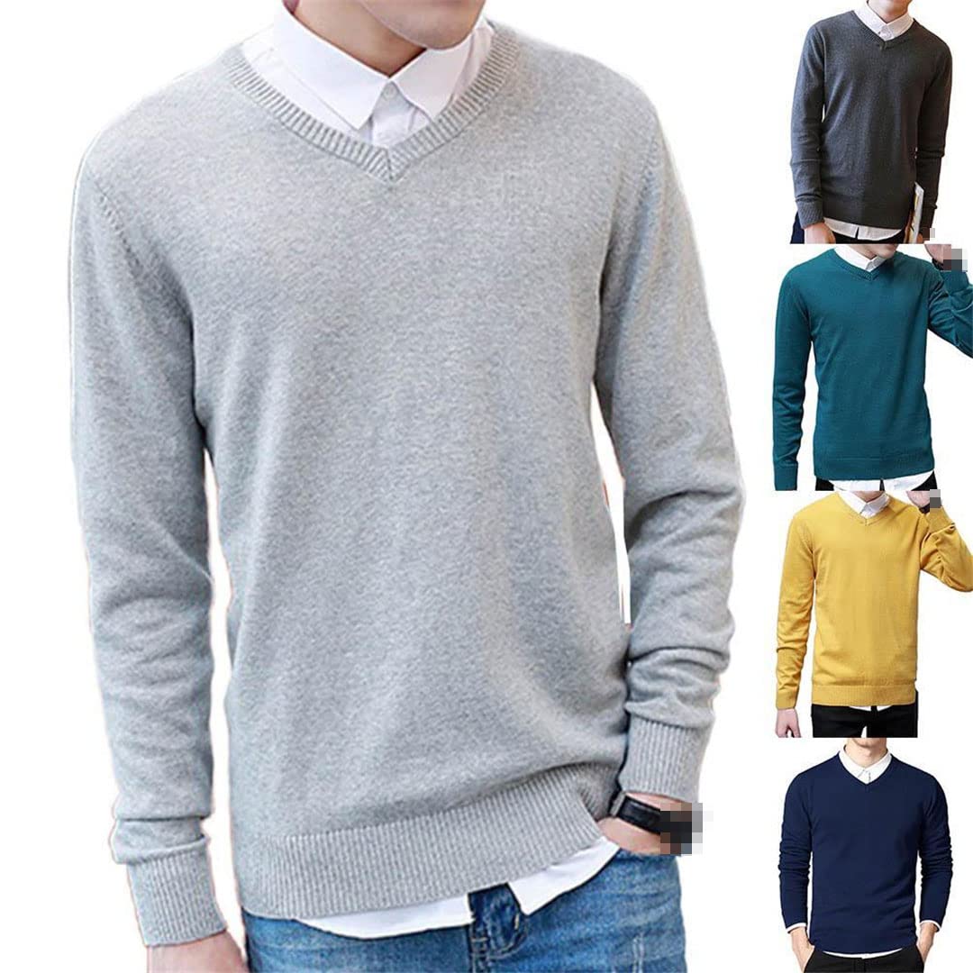 Vogrtcc Suéter de los hombres Suéter de punto Top Color sólido Cuello en V Manga larga Slim Pullover Knitwear Sweater