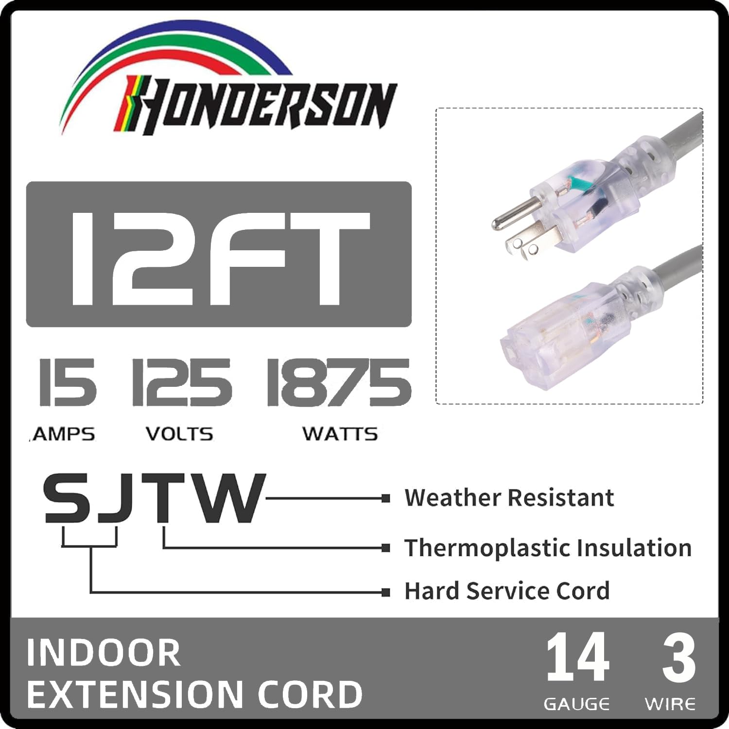 Cable de extensión para exteriores con iluminación de 12 pies, 14/3 – Calibre 14 3 puntas SJTW resistente cable de extensión gris con enchufe de 3 puntas para mayor seguridad, listado UL