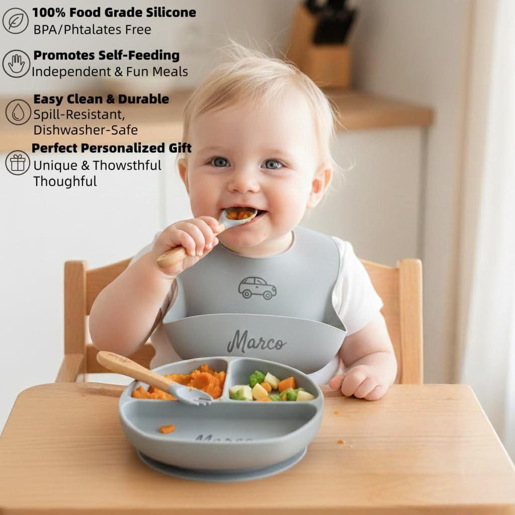 Personalized Name Food Grade 6pcs Baby Feeding Set with Spoon, Fork,Silicone Suction Bowls,Cup,Plate,and bib BPA Free - First Stage Self Feed (Color Gray Y18)