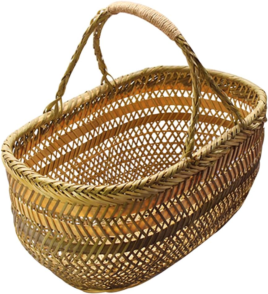 Ciieeo Bamboo Weaving Shopping Basket Handheld Vegetable Fruit Storage Basket with Ergonomic Handle for Kitchen Garden Harvest and Egg Holder 16.5X9.8X7.1 Inches
