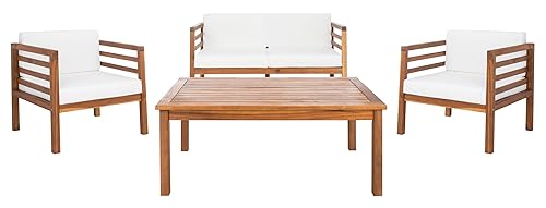 SAFAVIEH Outdoor Collection Kinnell Natural/Beige Cushion Solid Wood 4-Piece Conversation