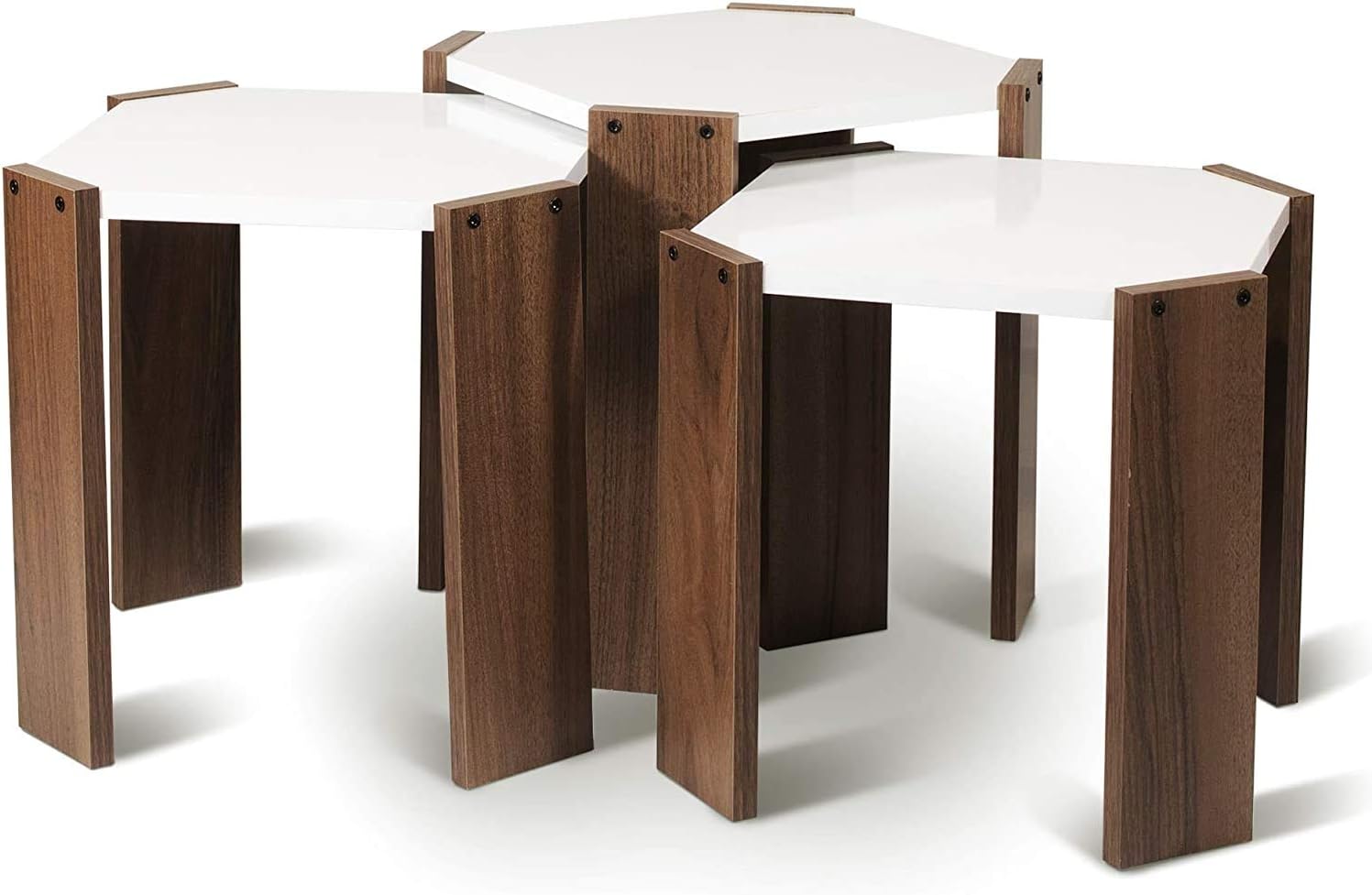 HC Home Canvas Rafevi Hansel Nested Coffee Table Set of Three for Living Room Office Contemporary Stacking End Side Table Leisure Night Stand Telephone Table (Walnut-White)