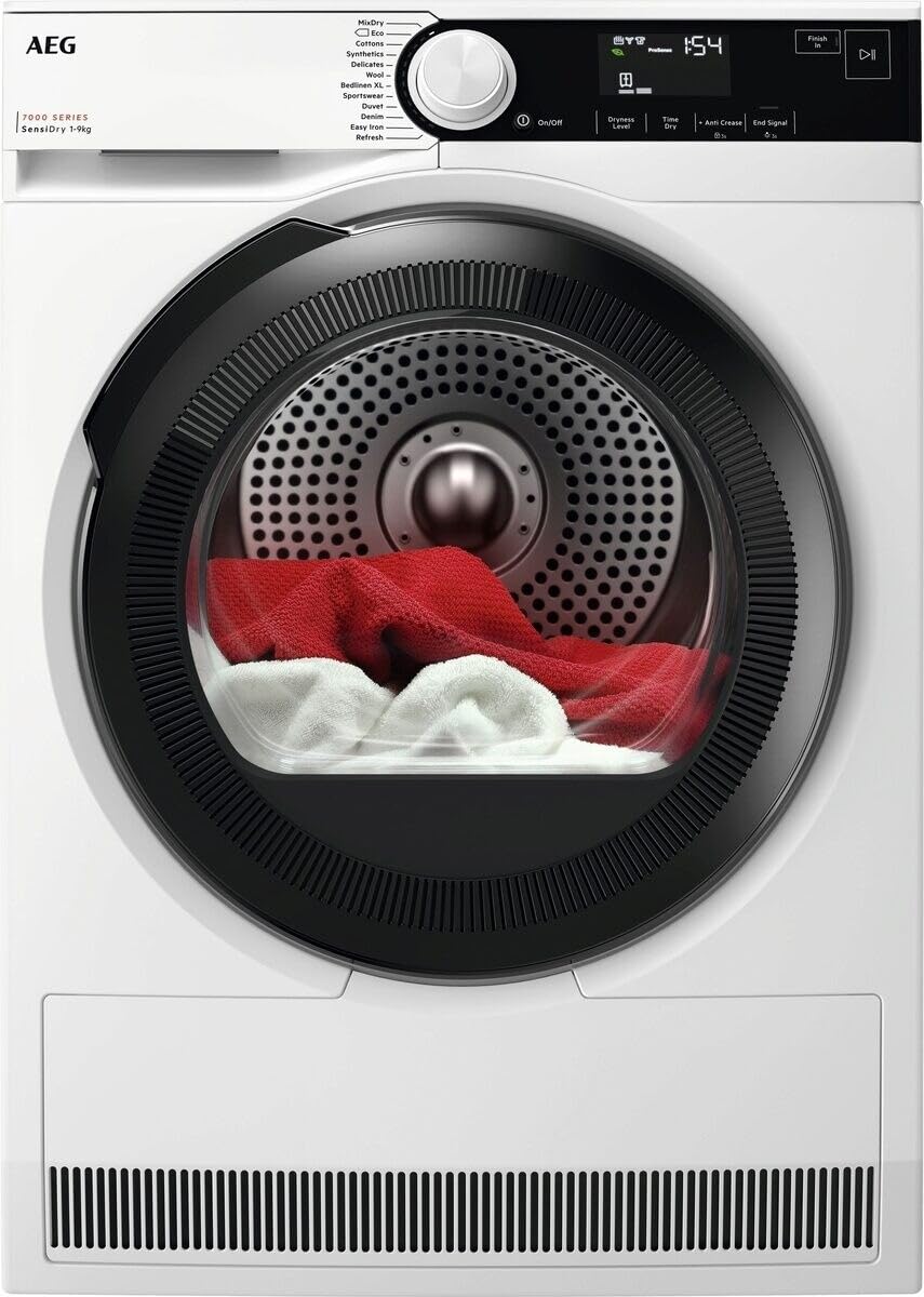 AEG 7000 Series Tumble Dryer 9 kg, Heat Pump A+++, TR739G4B, SensiDry Low Temp, MixDry No Sorting, PreciseDry Sensors, EasyClean Filter, Reversible Door, 850x596x636 mm