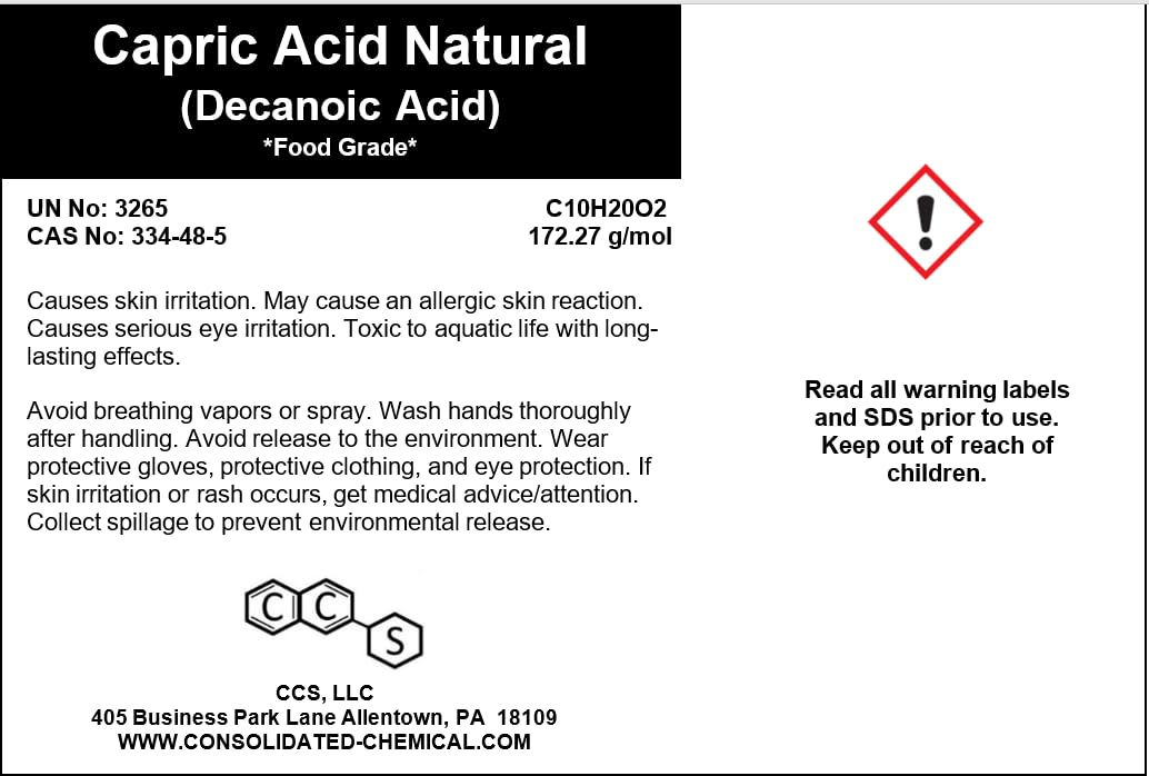 Capric Acid Natural (Decanoic Acid) - Food Grade | Premium High-Purity Medium-Chain Fatty Acid for Culinary and Industrial Use (500mL (16 Fl Oz))