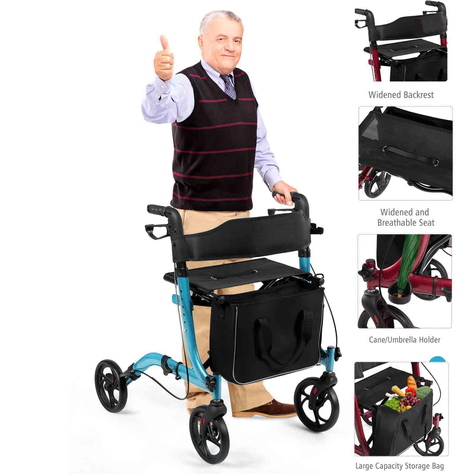 Homasis 2 en 1 Andador de Aluminio con Asiento, Andador Plegable con Bolsa de Almacenamiento y Empuñadura Regulable, para Ancianos y Adultos, Hasta 136 kg (Azul)