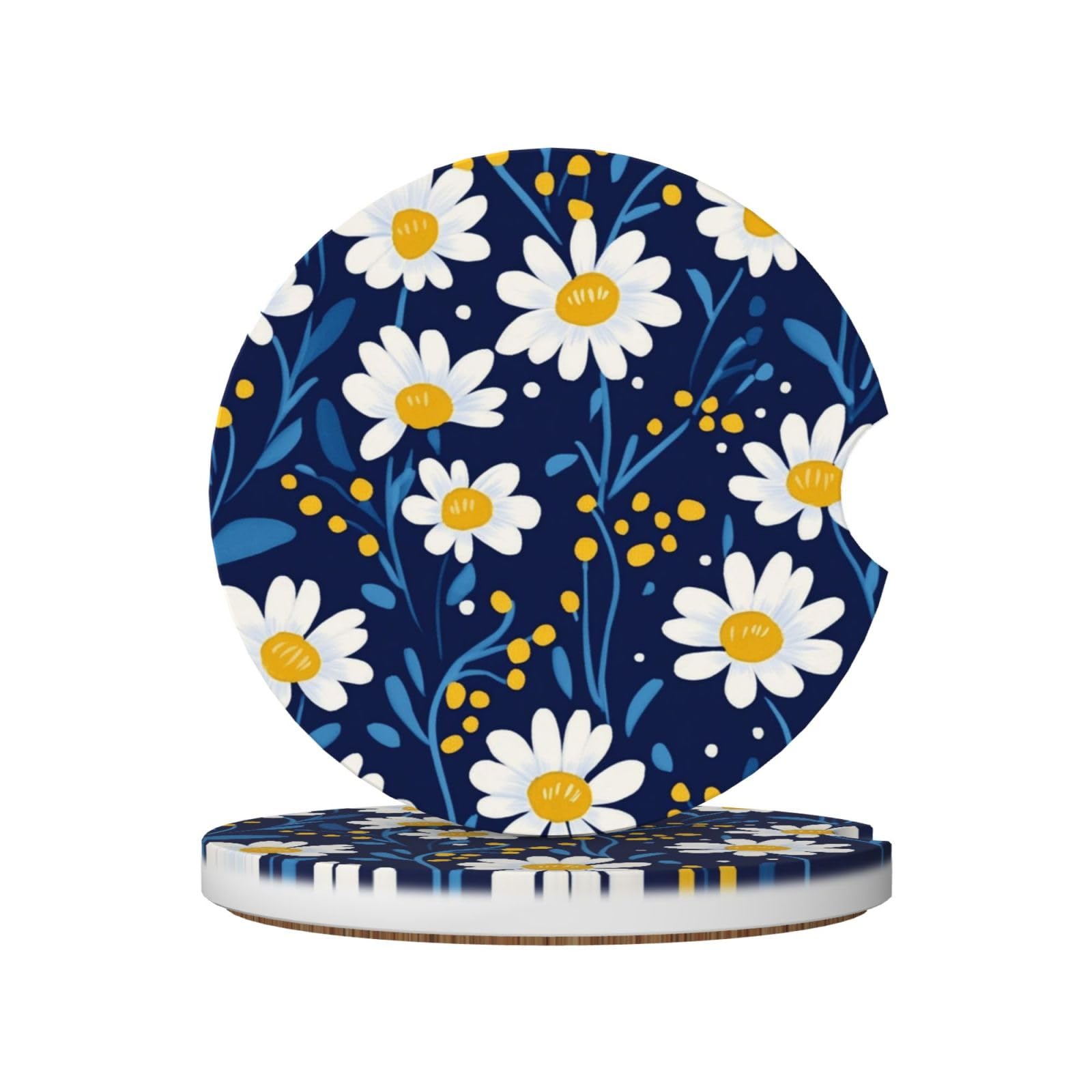 Small Daisy Flower On Blue Ceramic Coasters,2pcs